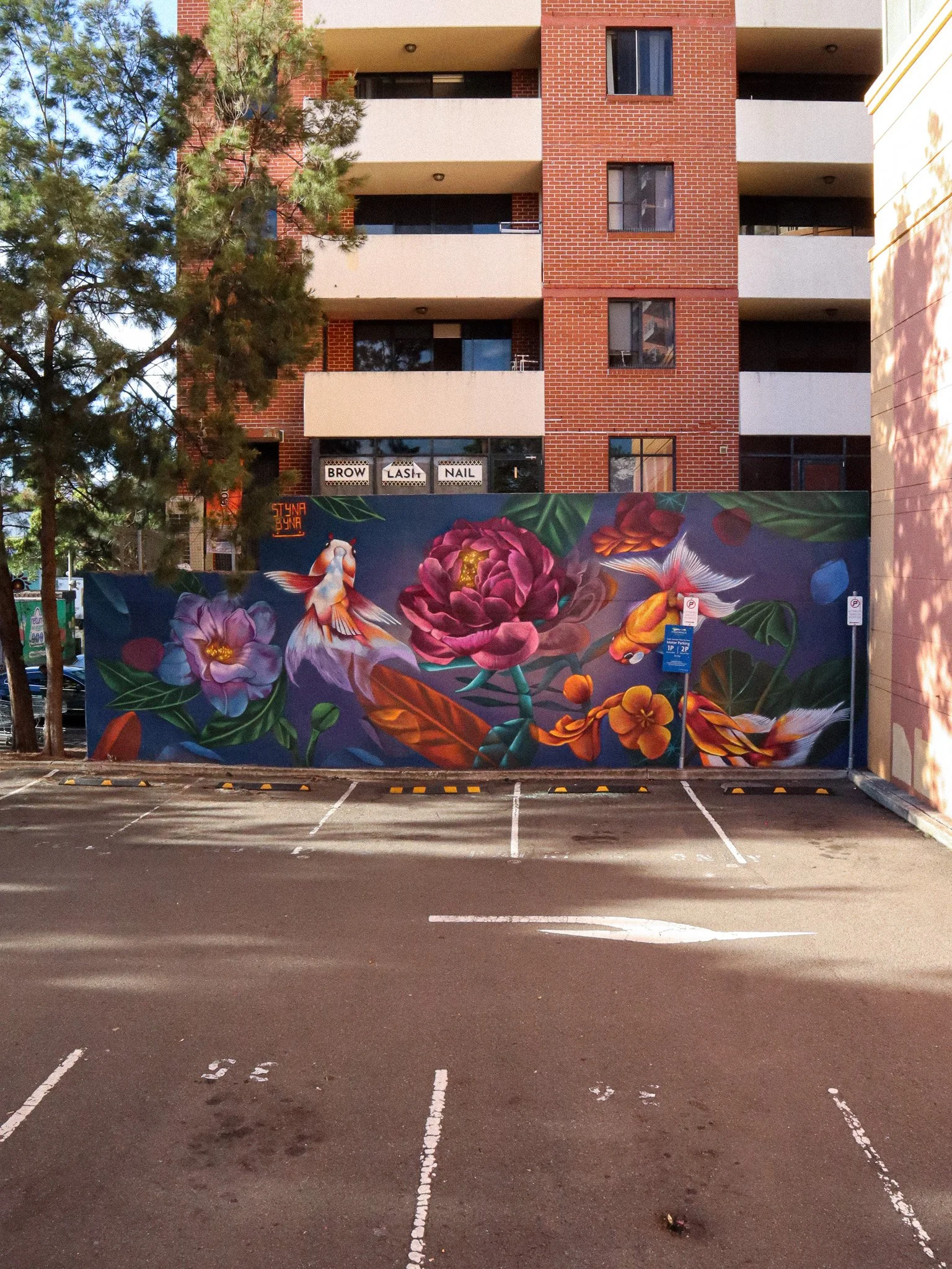 A mural of goldfish and flowers in carpark