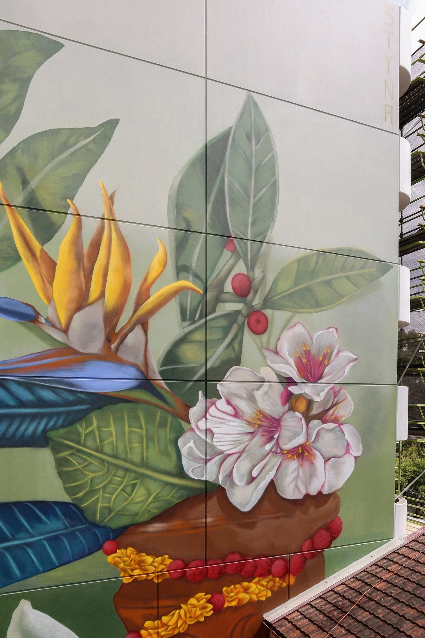 Painted mural of Birds of Paradise and Indian Hawthorn flower in ceramic pot with garlands of marigolds, by Christina Huynh STYNA for ARTSCAPE and Oscar George Projects