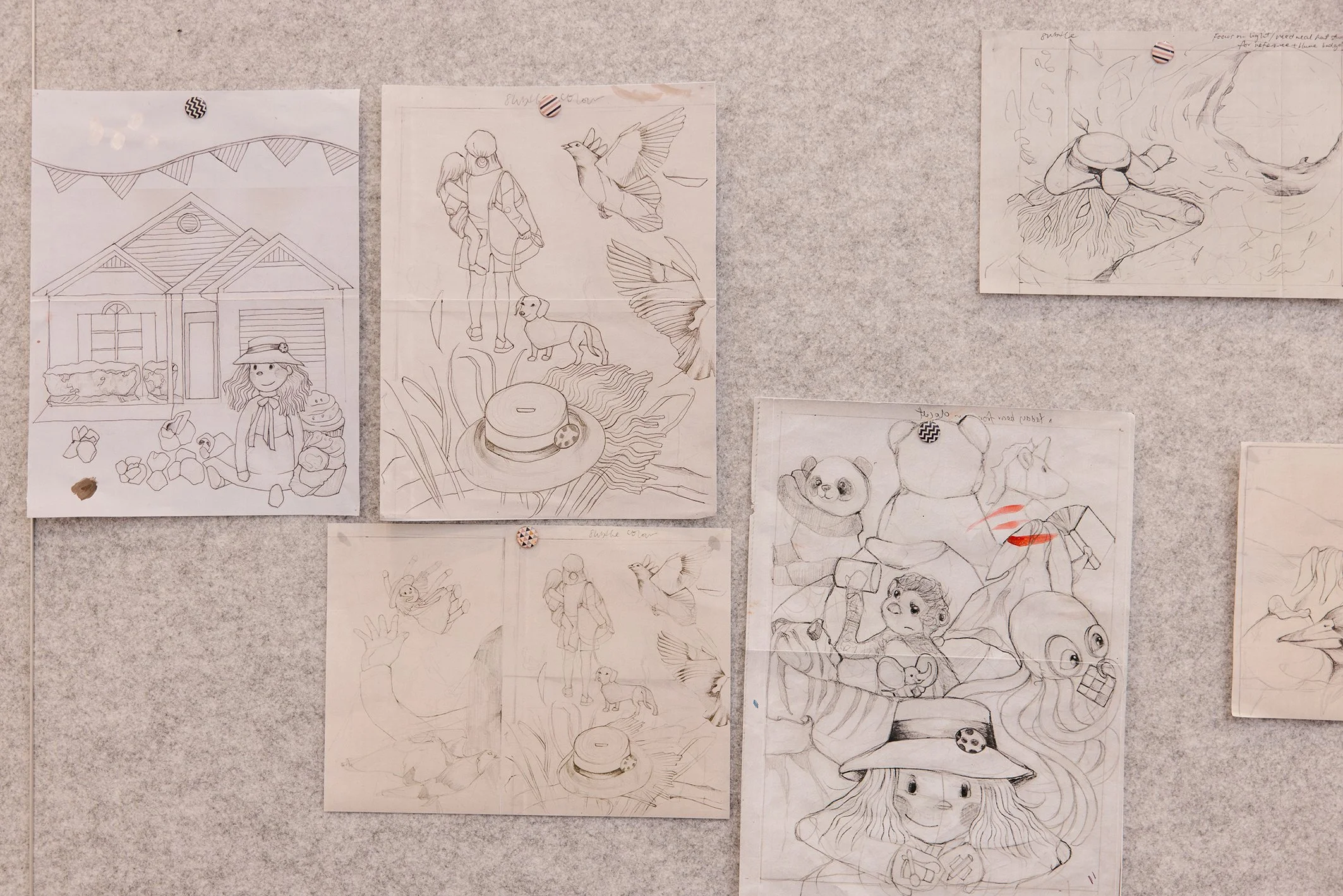 Pencil scamps pinned on board for Finders Keepers the Book by Madame Ng and Christina Huynh