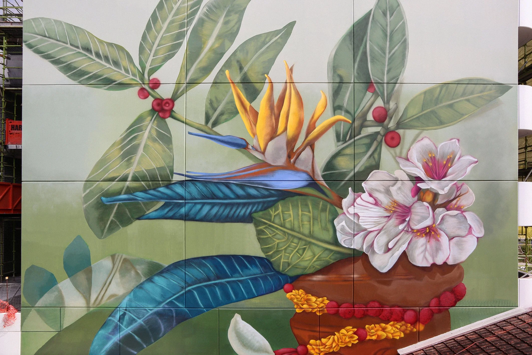 Painted mural of Birds of Paradise and Indian Hawthorn flower in ceramic pot with garlands of marigolds, by Christina Huynh STYNA for ARTSCAPE and Oscar George Projects