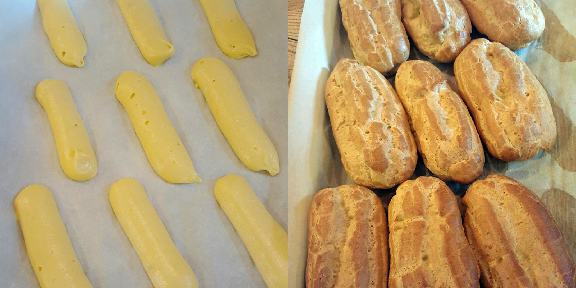 Eclair batter is whipped up fresh on Hickory Nut Hill and baked into light, fluffy golden shells that house fresh custard.