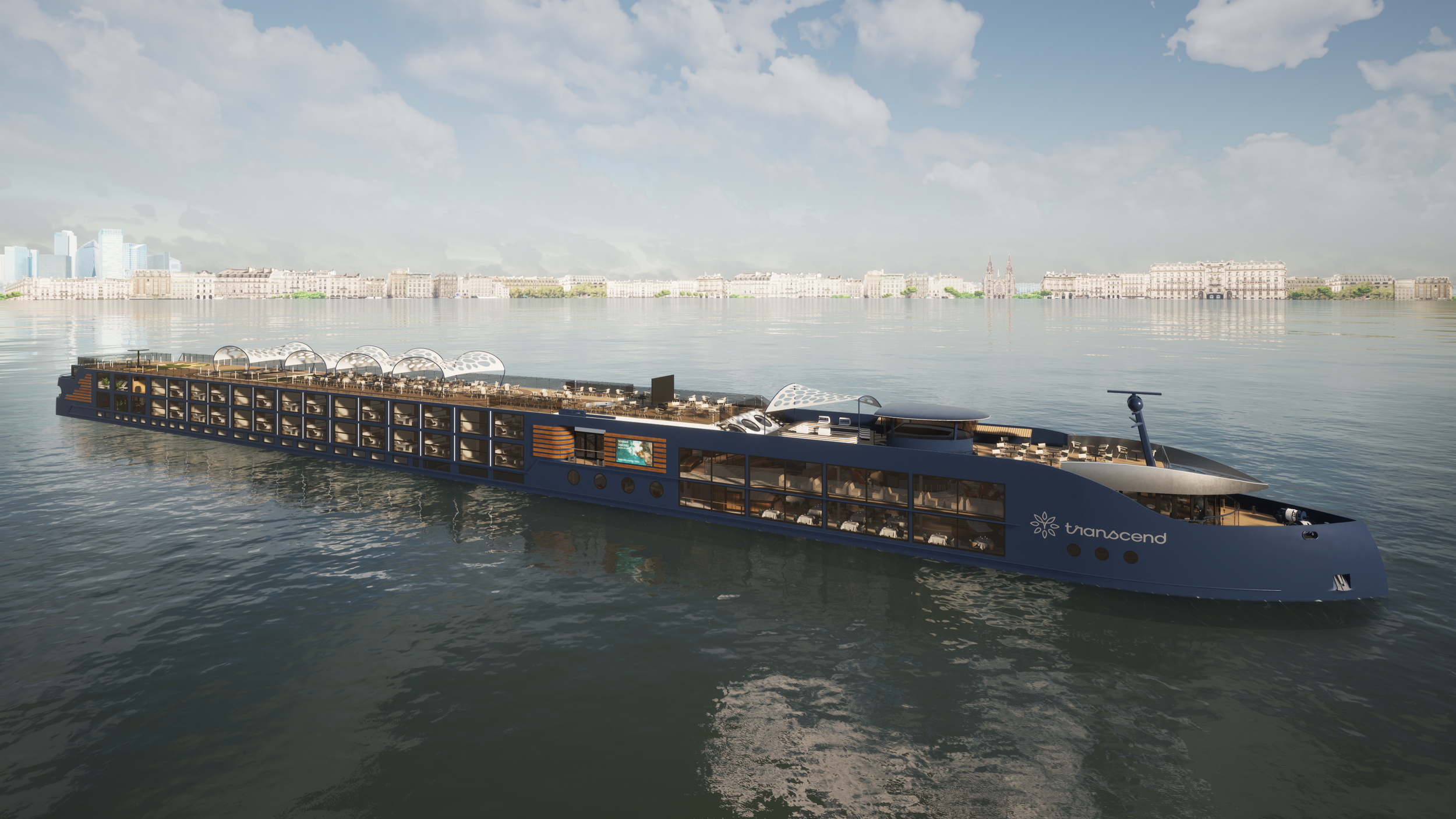 Luxury cruise ship at sea with sun deck and ocean views, set up for an exclusive full-ship buyout incentive