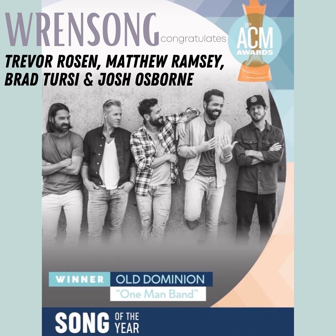 Oh y&rsquo;all, life is sweet. BIG congratulations to Trevor Rosen and Old Dominion on their 2020 ACM Song of Year for &ldquo;One Man Band&rdquo;!!!! @trosen41 @olddominionmusic @acmawards