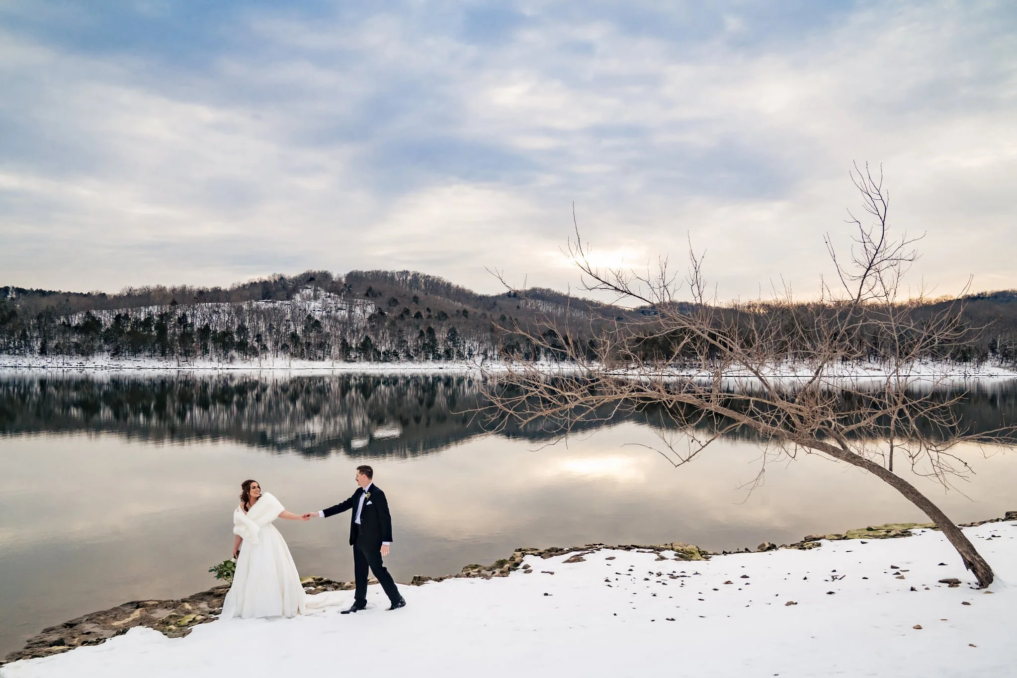 A bride and groom holding hands by a snowy lake with a tree and hillside in the background, under a cloudy sky.