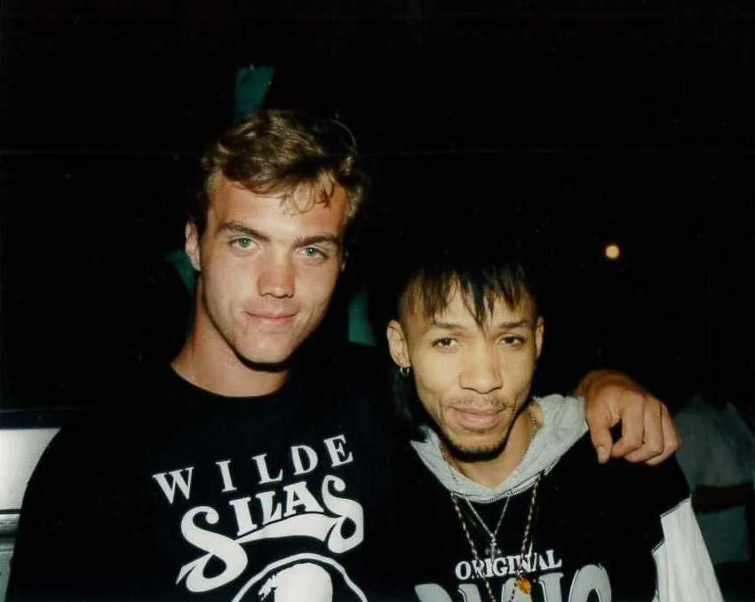 Patrick Madden and Doug Pinnick of King's X after a concert, 1992
