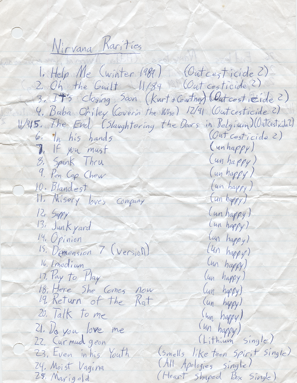 Photograph of a loose leaf page with a handwritten track list for a Nirvana mixtape, which contains songs from the albums Outcesticide 2, Unhappy, and the band’s singles