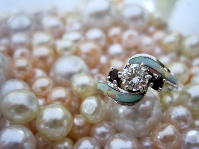 White Gold Opal, Diamond and Ruby Engagement Ring