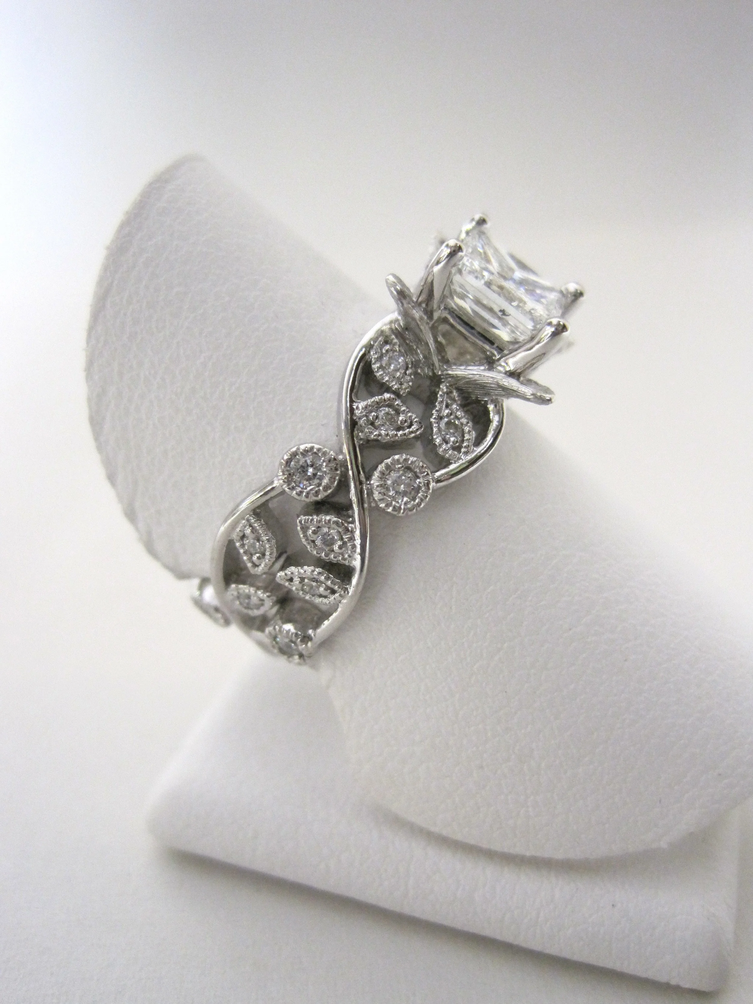 White Gold Diamond Engagement Ring with Leaf Design