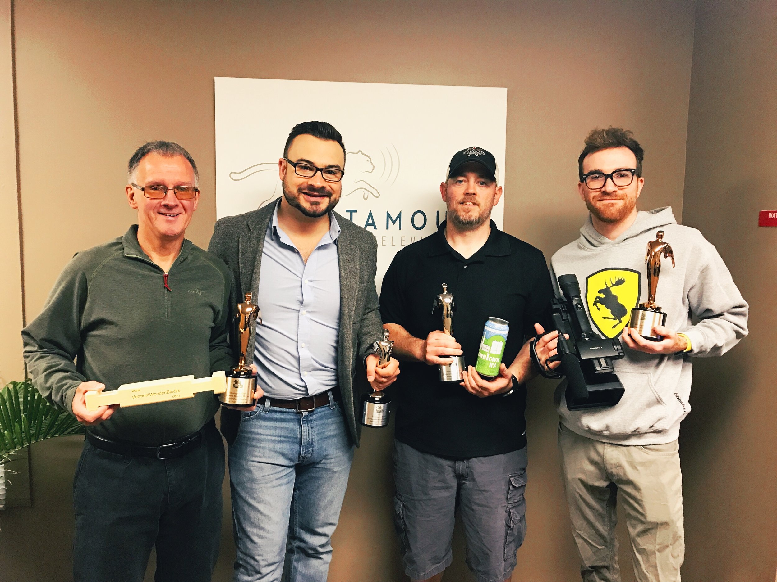 Left to right - Bob Pinsonneault of Vermont Wooden Blocks - bronze Telly recipient; Matt Harrington, executive director of the Bennington Area Chamber and host of Bennington Made; Will Gardner, Head Brewer at Madison Brewing Co. - silver Telly recipient; Mike Cutler, executive producer and videographer of Bennington Made