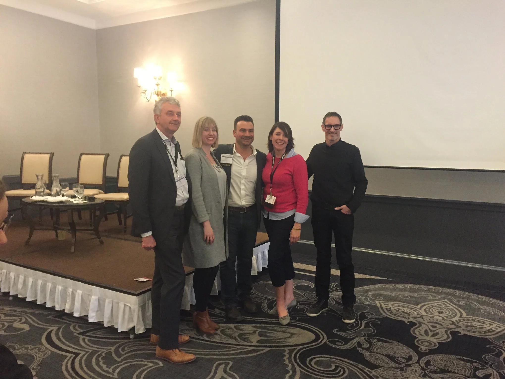 Vermont Tourism Summit opening panel discussing the evolving Vermont brand. From left: Hans van Wees of Hotel Vermont, Sas Stewart of Stonecutter Spirits, Matt Harrington of the Regional Chamber, Nicole Ravlin of People Making Good PR, and Michael Jager of Solidarity of Unbridled Labour. The panel discussed the ongoing efforts of the Vermont brand to be relevant and modern.