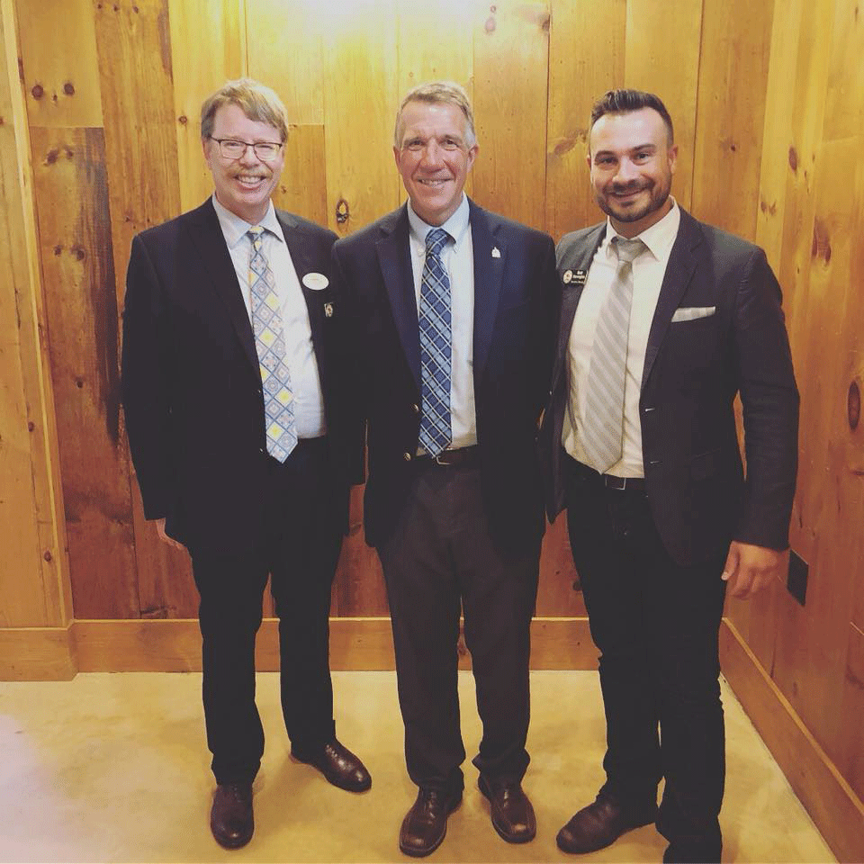 Governor of Vermont Phil Scott with 2019 Chamber Board President David Evans (left) and Chamber Executive Director Matt Harrington (right)