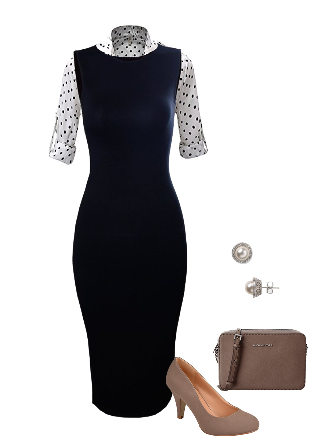 Black Midi Dress Black & White Polka Dot Top Taupe Pumps Michael Kors Crossbody Pearl Stud Earrings