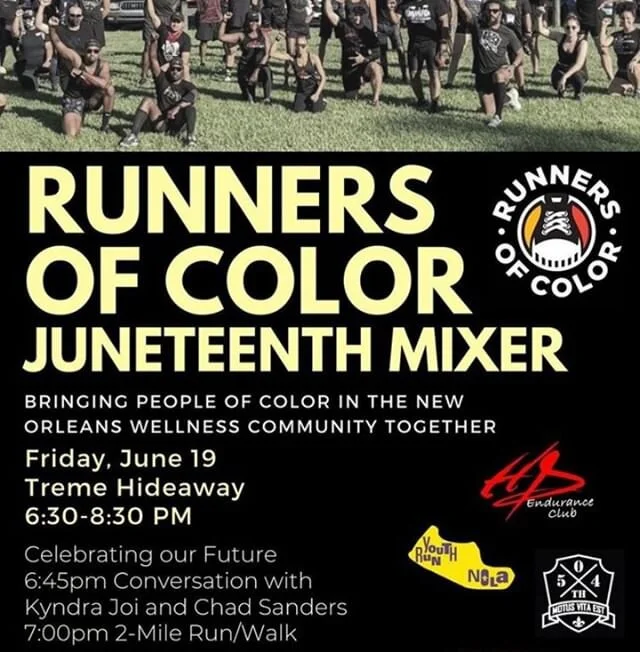 @runnersofcolornola @youthrunnola and @the504th are hosting a Friday meet up. Check out the
Runners of Color Juneteenth Mixer
Friday June 19th | 6:30-8:30pm | FREE | @tremehideaway
*This event is for BIPOC only. White folks can support by spreading t