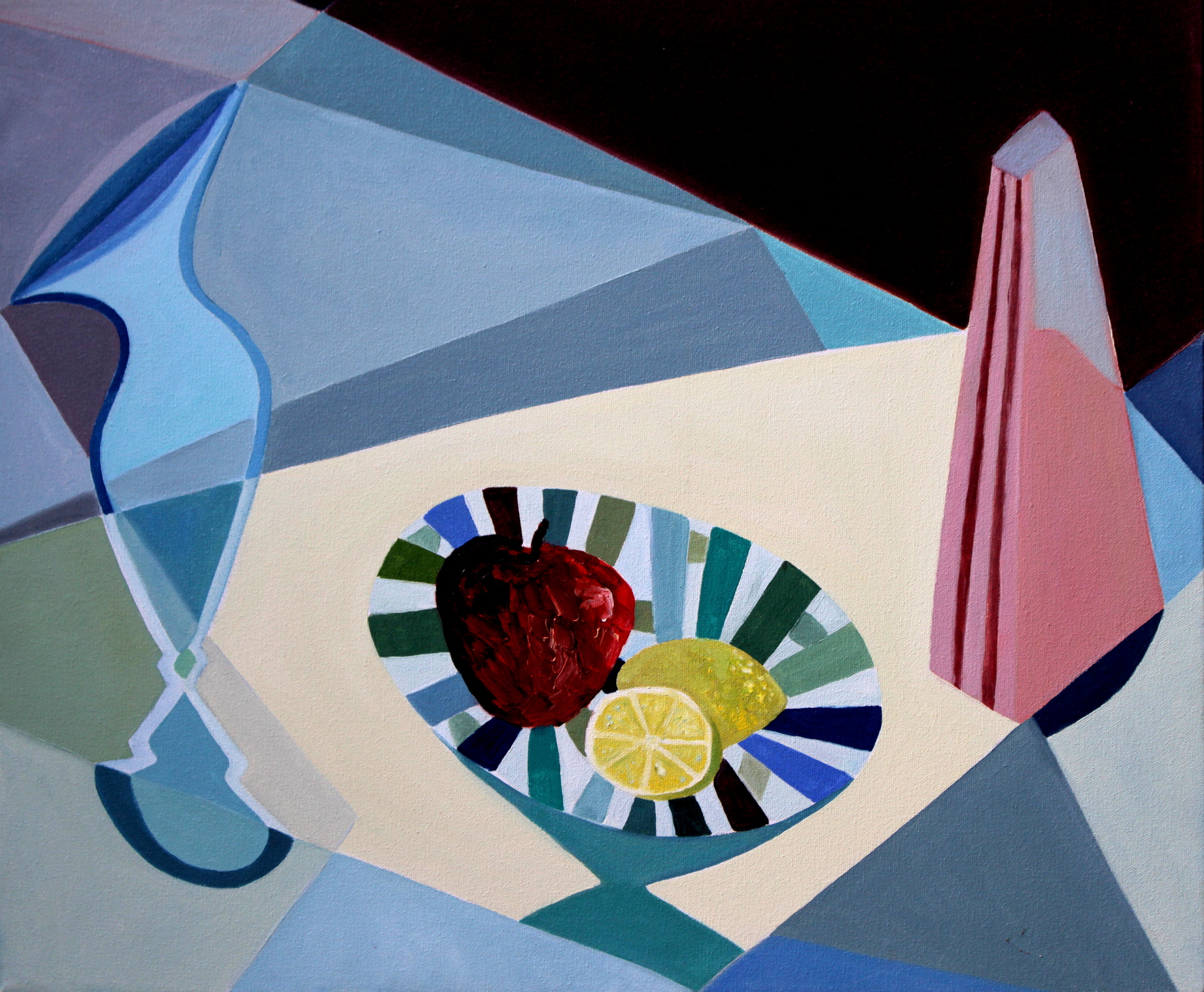  STILL LIFE OIL  Apple slices and apricot quarters in a vacillant world 