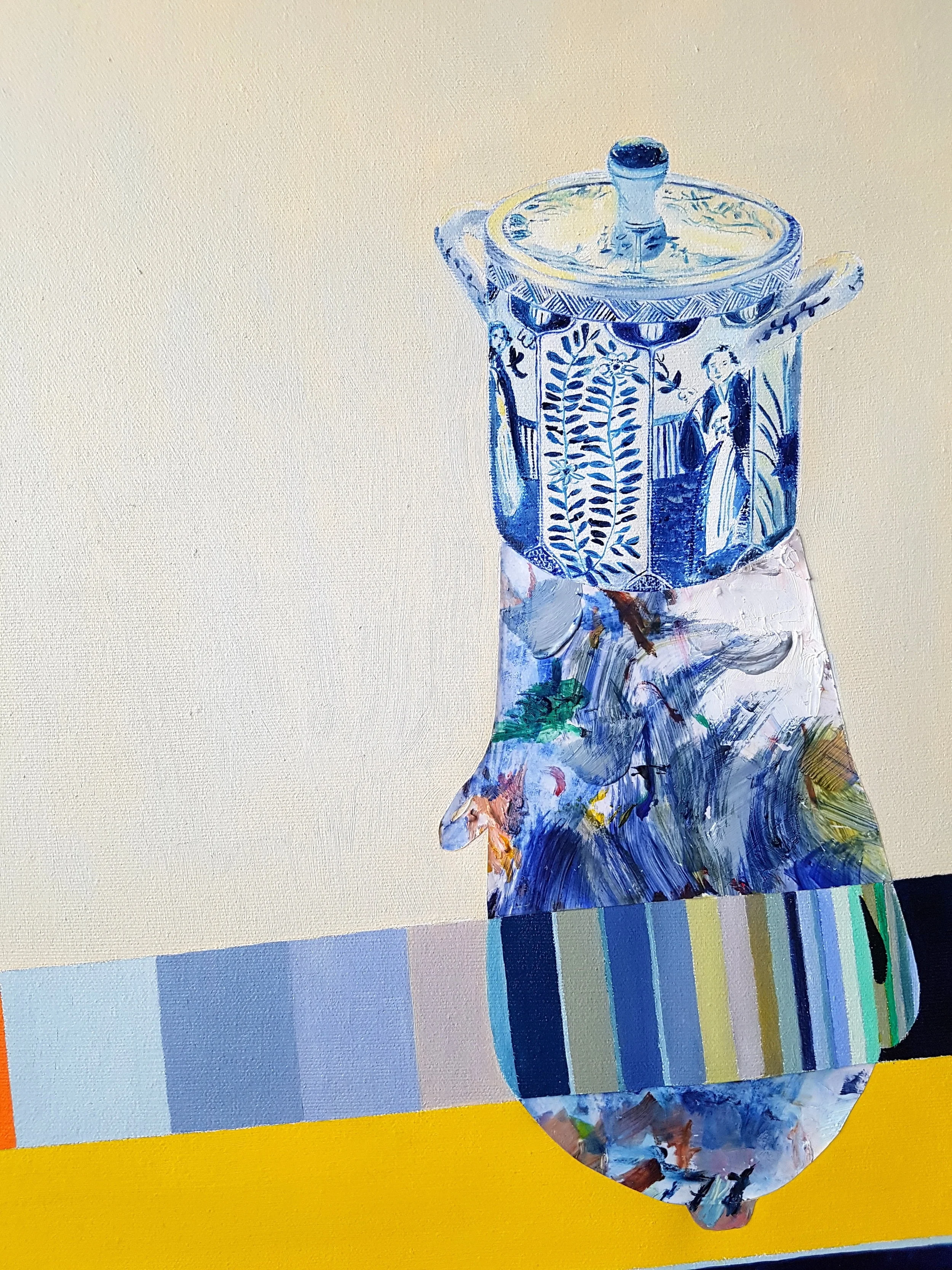  RECENT WORK  At the confluence of figuration and abstraction, the shadows of the figurative elements come to life and echo the geometrical framework of the background, a playground for chromatic exploration 