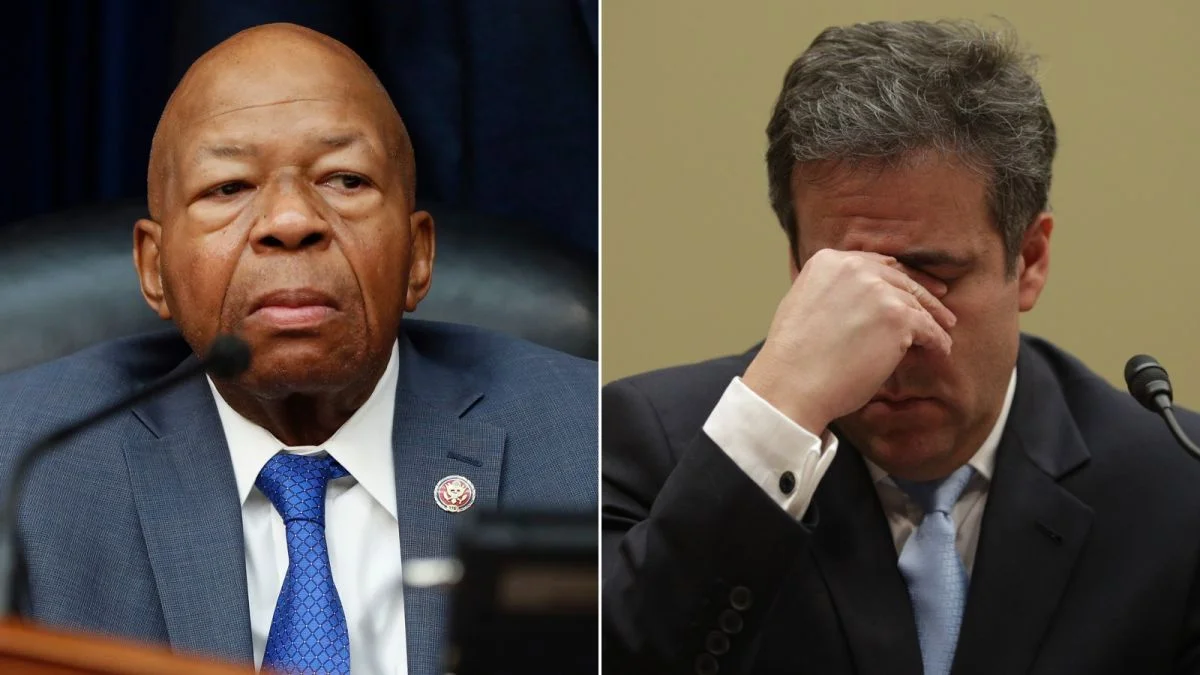 Rep. Elijah Cummings looks on as Michael Cohen struggles to contain his emotions.
