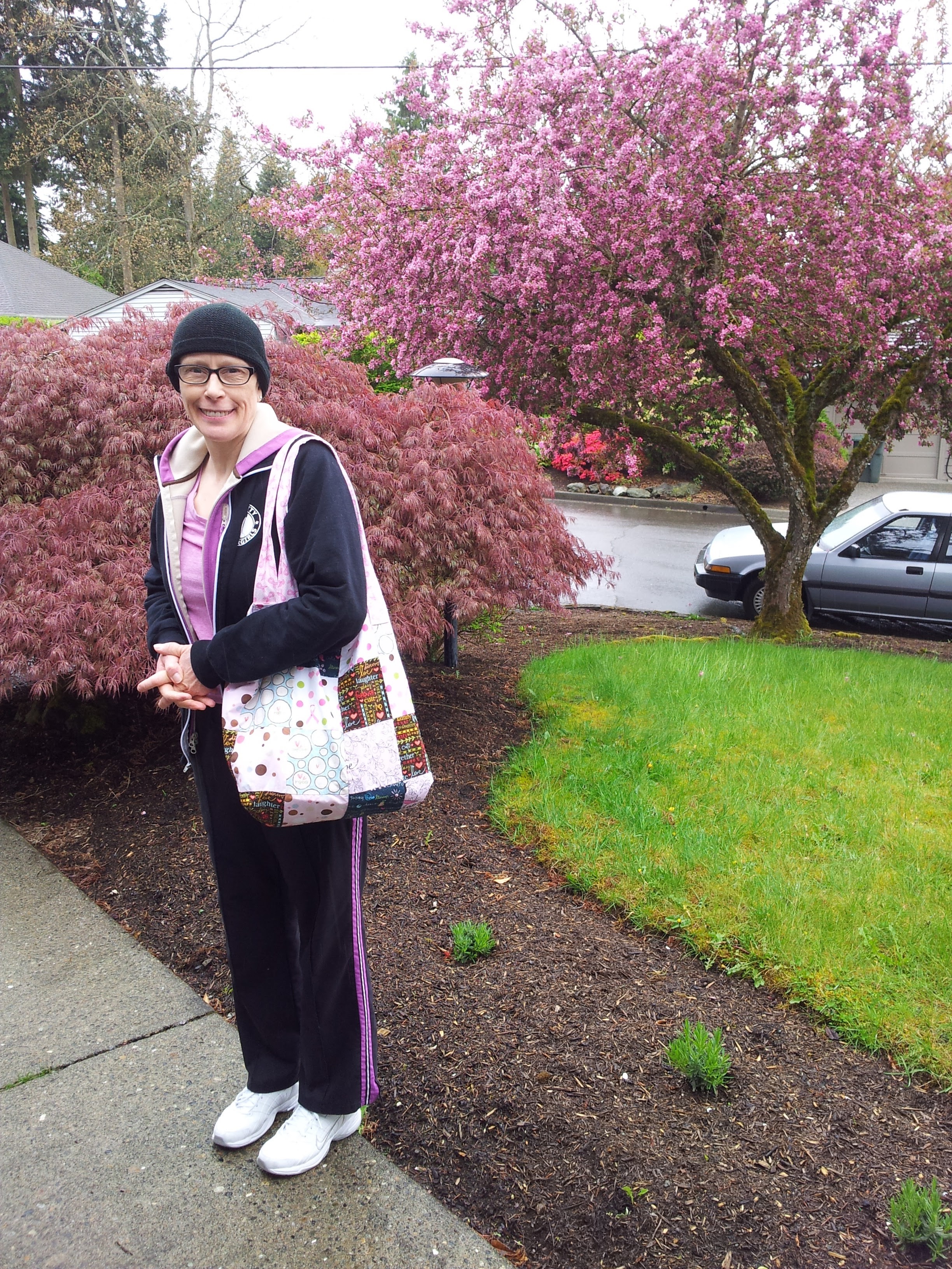 She wanted to show off the bag a friend made for her and show off her love for the color pink.