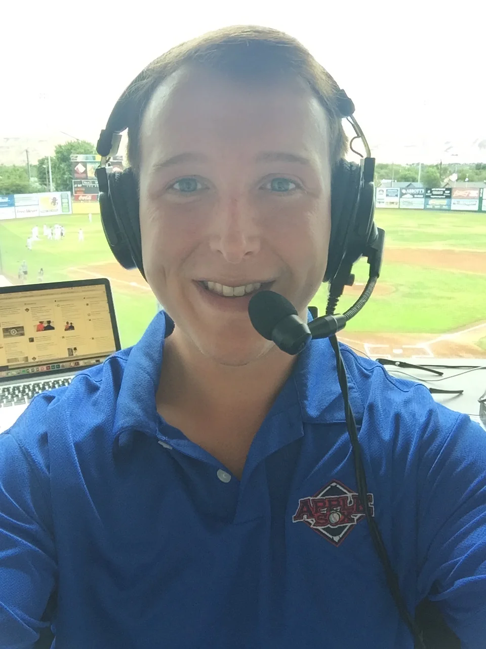 Broadcasting West Coast League baseball for the Wenatchee AppleSox, in Yakima, Wash., July, 2016.