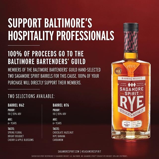 This week, Baltimore-based @sagamorespirit , maker of award-winning Maryland-style rye whiskey, is releasing a limited-edition expression:  Sagamore Spirit Barrel Select Bartender&rsquo;s Barrel.  100% of the proceeds will benefit the Baltimore Barte