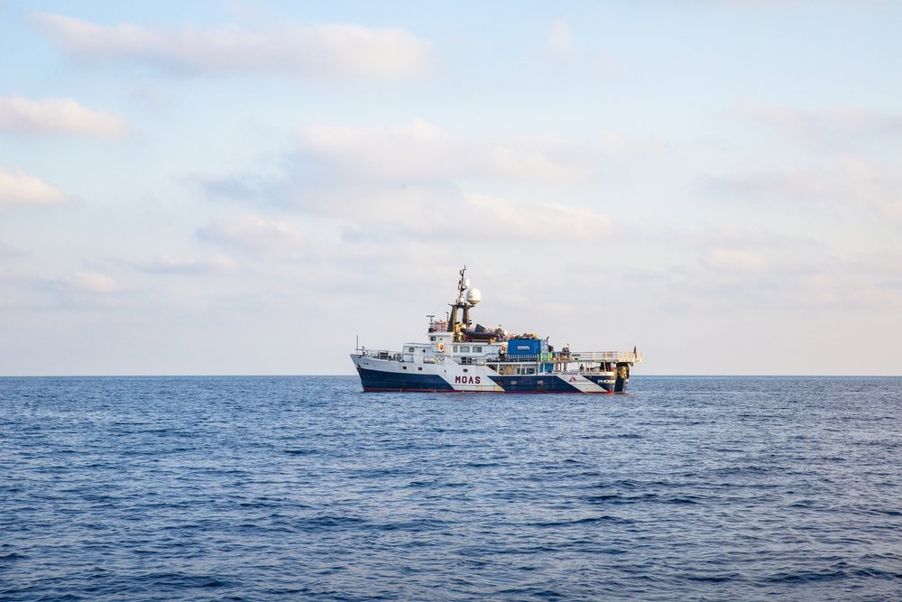  Strait of Sicily, September 2, 2015. Migrant Offshore Aid Station (MOAS) is a humanitarian search and rescue operation assisting vessels in distress in the central Mediterranean Sea. The MOAS expedition vessel, named Phoenix, is equipped with two Ca