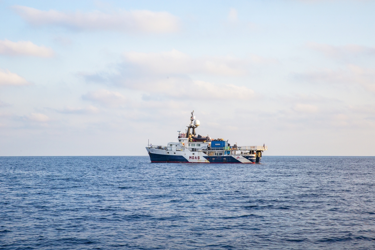 Strait of Sicily, September 2, 2015. Migrant Offshore Aid Station (MOAS) is a humanitarian search and rescue operation assisting vessels in distress in the central Mediterranean Sea. The MOAS expedition vessel, named Phoenix, is equipped with two Camcopter S-100 remote piloted aircraft (RPAs) which monitor the seas from the sky and provide real-time intelligence to MOAS and the rescue coordination centre of Malta and Italy.