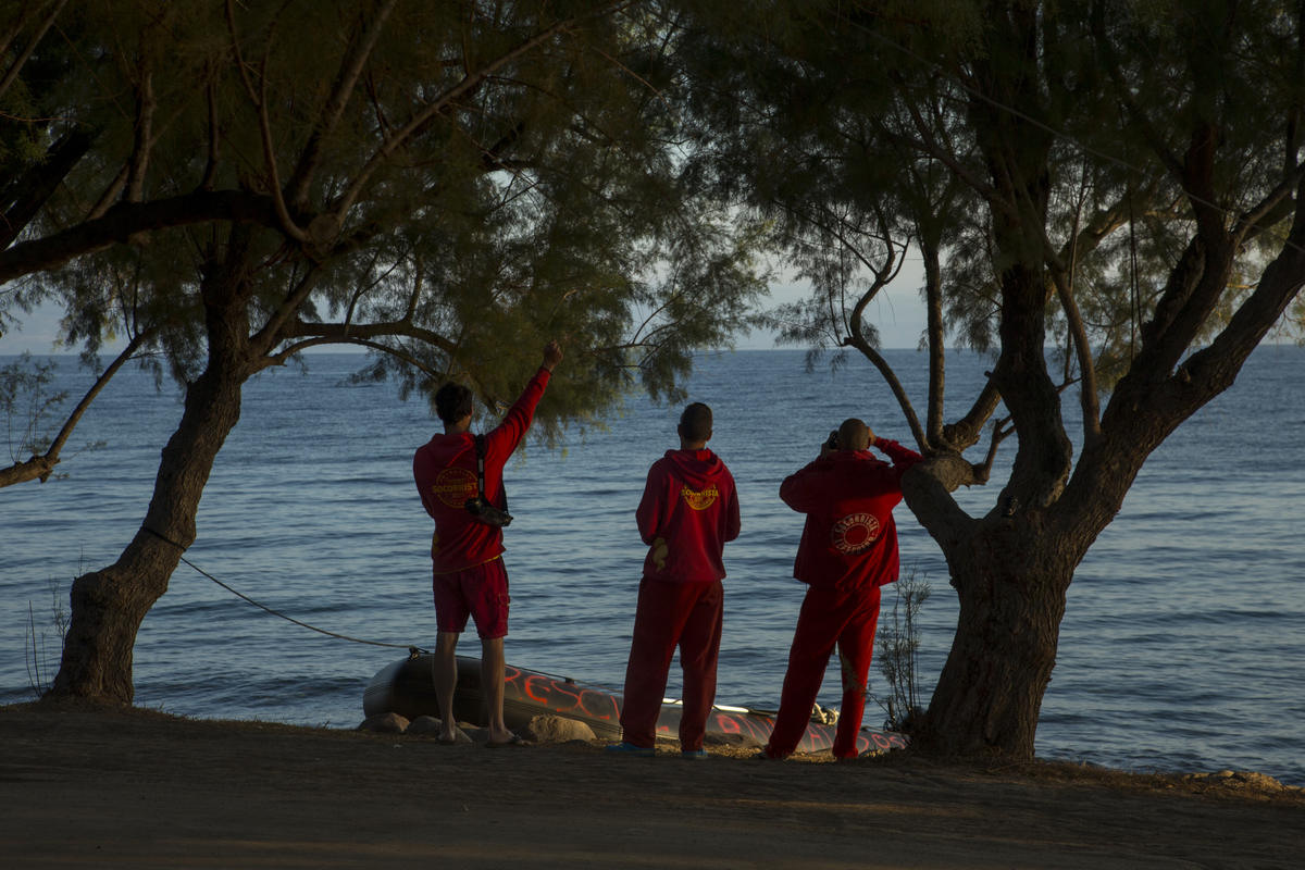Spanish volunteer lifeguards from Spain look for refugees arriving on the Greek island of Lesbos.