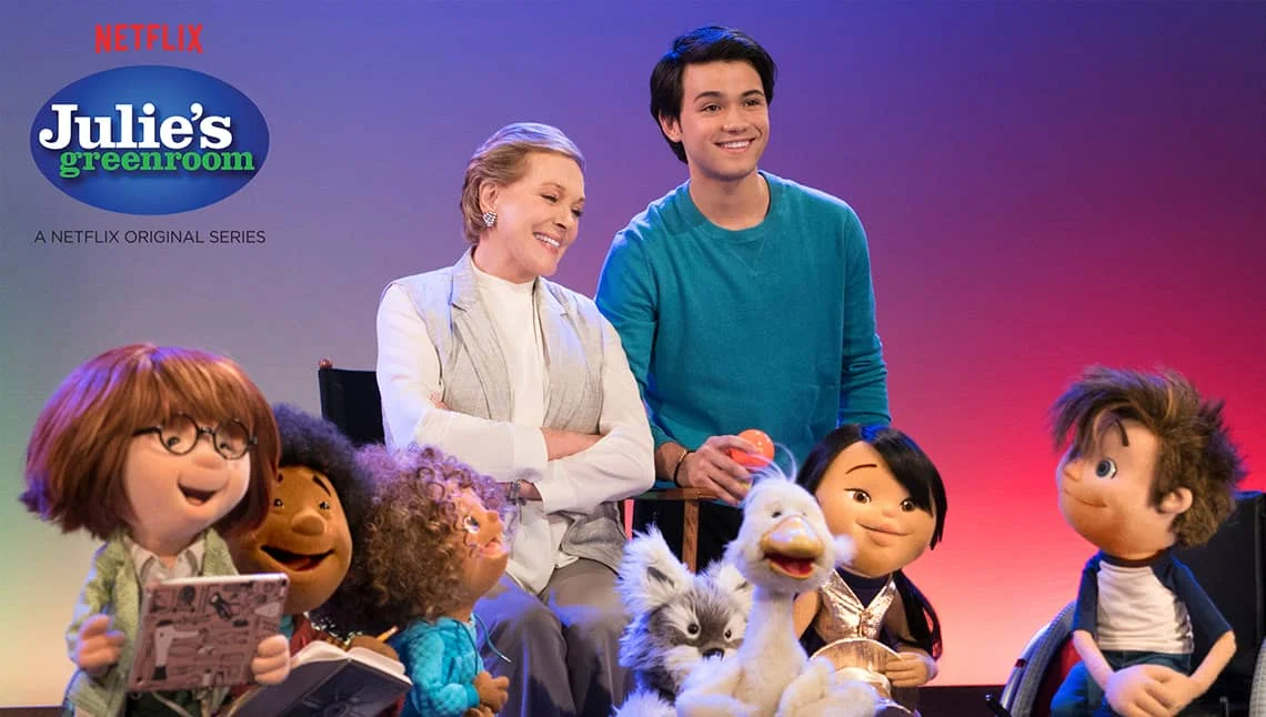   JULIE'S GREENROOM   Greenies are a group of lucky kids exploring the magic of the performing arts under the mentorship and teaching of Ms. Julie (Dame Julie Andrews), her assistant Gus, and many special guest friends that stop by the theater to sha