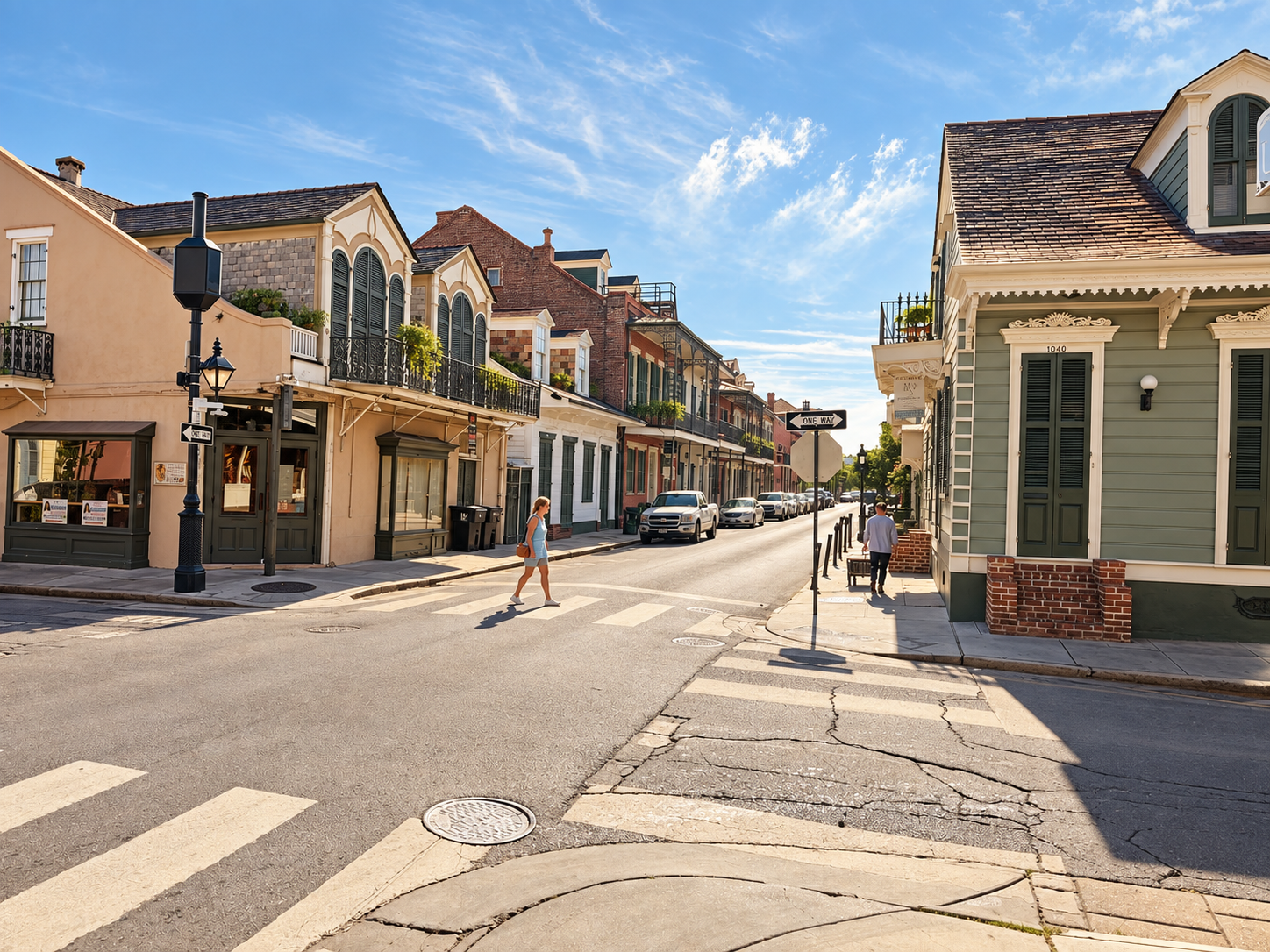 Historic French Quarter buildings and a crosswalk near Saint Philip Street in warm daylight.