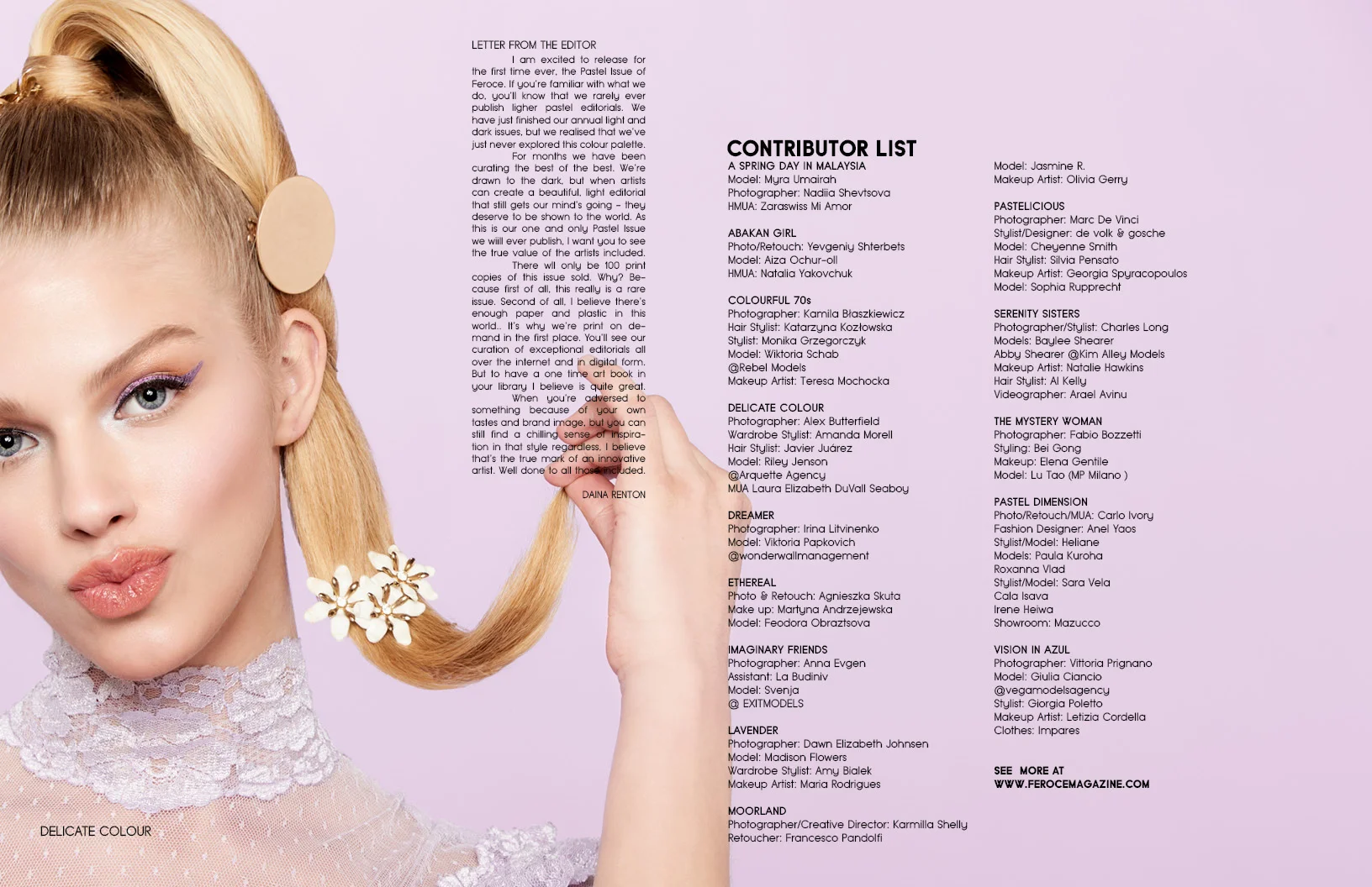 Delicate Color Published Work 04/2018 in Feroze Magazine Delicate Color Team Credits: Photographer: Alexander Butterfield, @mplsbutter MUA: Laura DuVall Seaboy, @misslauraduvall Hair Stylist: Javier Juárez, @javihairjuarez Wardrobe Stylist: Amanda Morell, @shop_country_club Model: Riley Jenson, @arquetteagency Photo assist: @story_book_girl