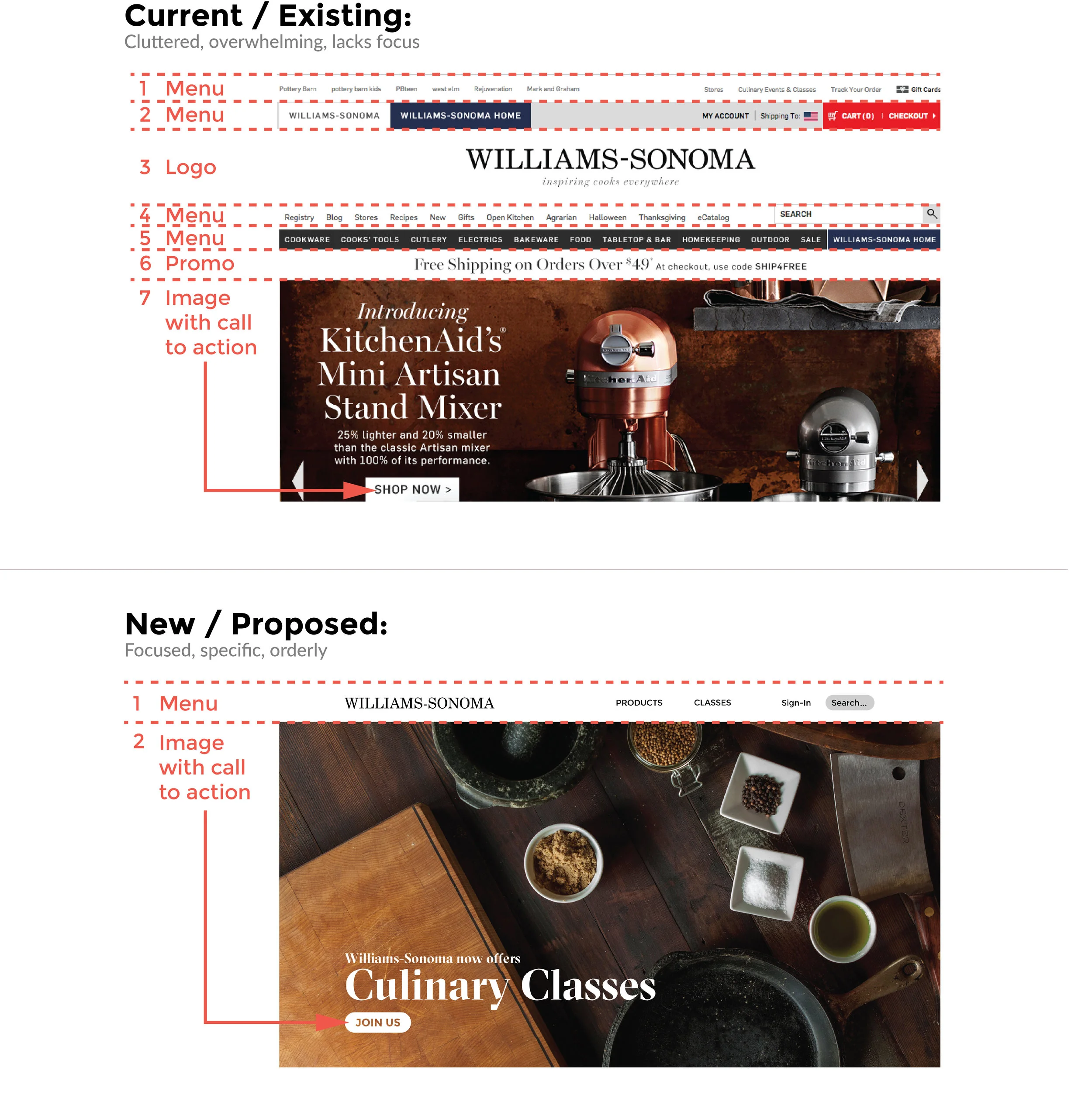 A compare / contrast of the existing Williams-Sonoma site and my proposed version.