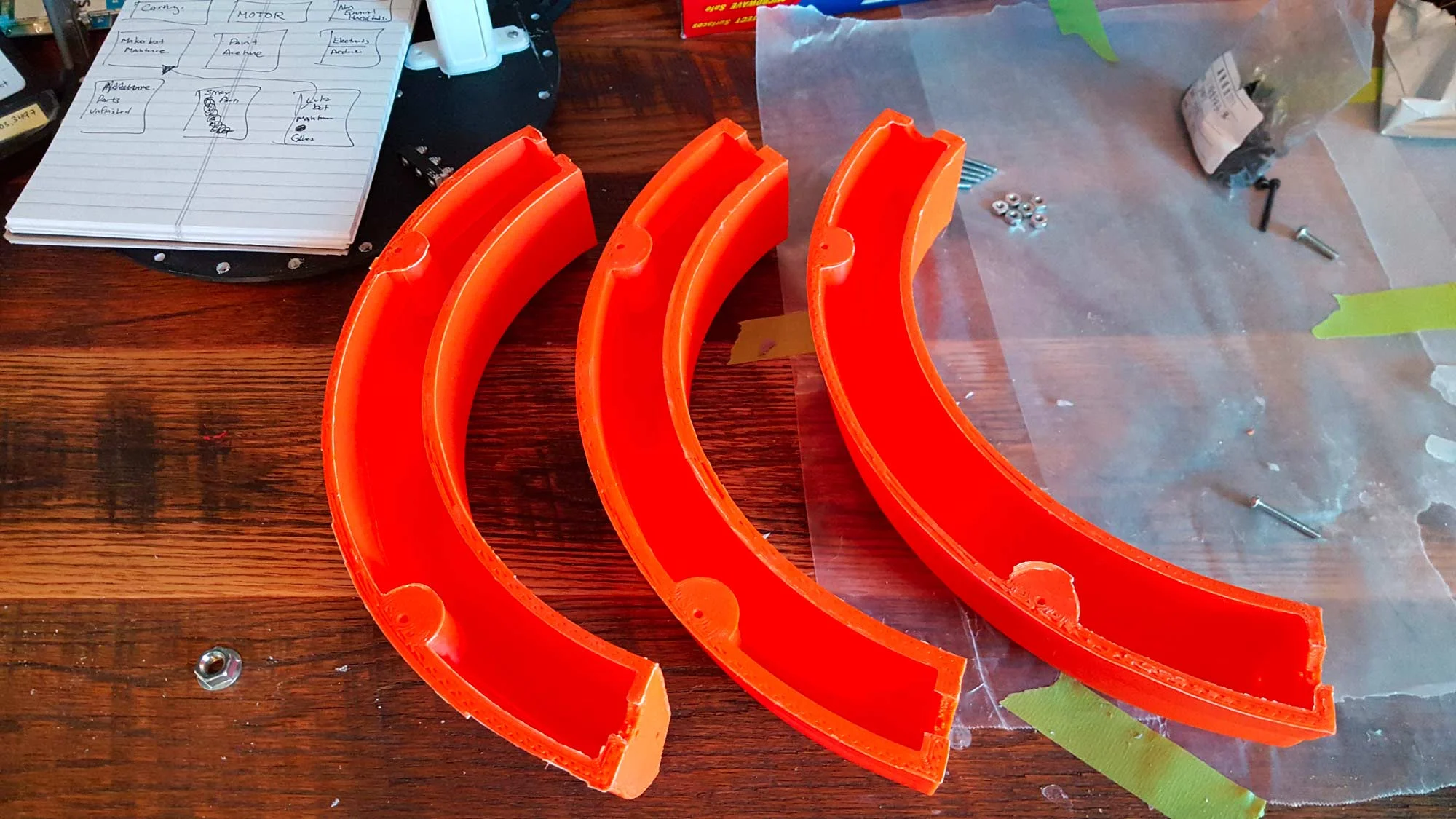 With the Taz5 fully operational, I'm now able to print full size pieces. This is a huge help. Here are the 3 pieces that will come together to form the flywheel. 