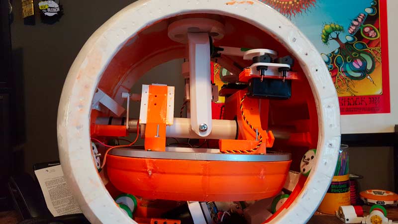 All main mechanics installed!You can still see a little floppy guide wheel assembly on the left there.That needs to be reprinted.I also have some electronics mounts that need to be installed and some that need to be reprinted, but overall, this is just about all 3D printed parts for the inside of the ball!