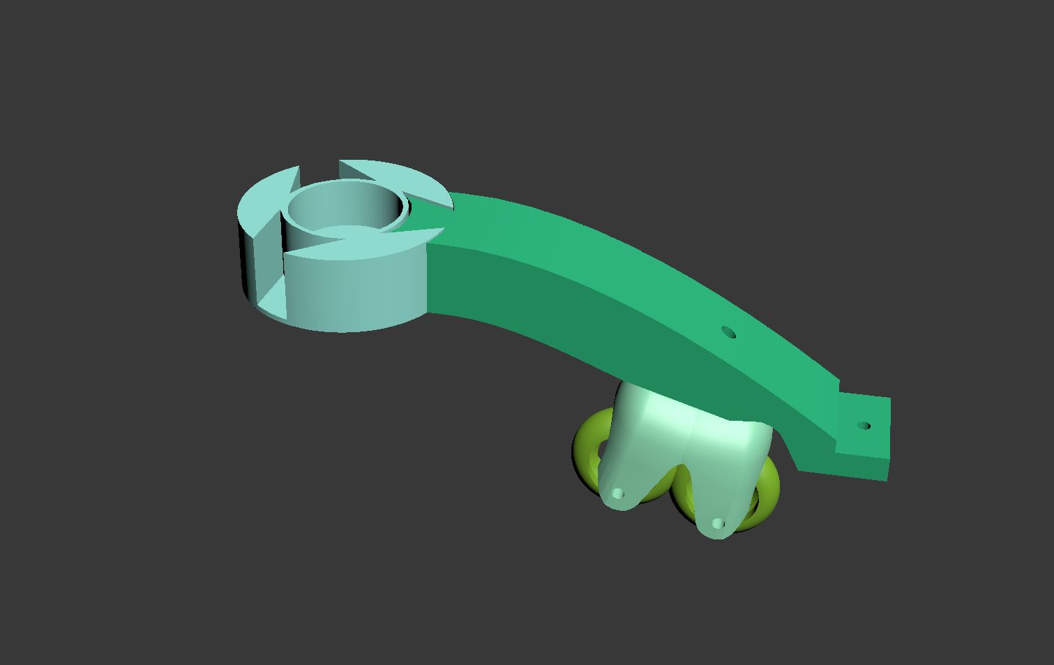 This is what I came up with. The image shows two wheels on one arm, but that's just so i can see it at both it's extremes. The central hub would be a separate piece that accepts the arms via a dovetail-ish joint. I wanted to keep it modular so i could use the same arms for a 4-armed version. I plan to use one of my spare domes as a perfect replica test head, so I'm building everything out in twos. Ultimately I will print 4 hubs (2 x 3 arms, and 2 x 4 arms) with an appropriate number of arms (8). 