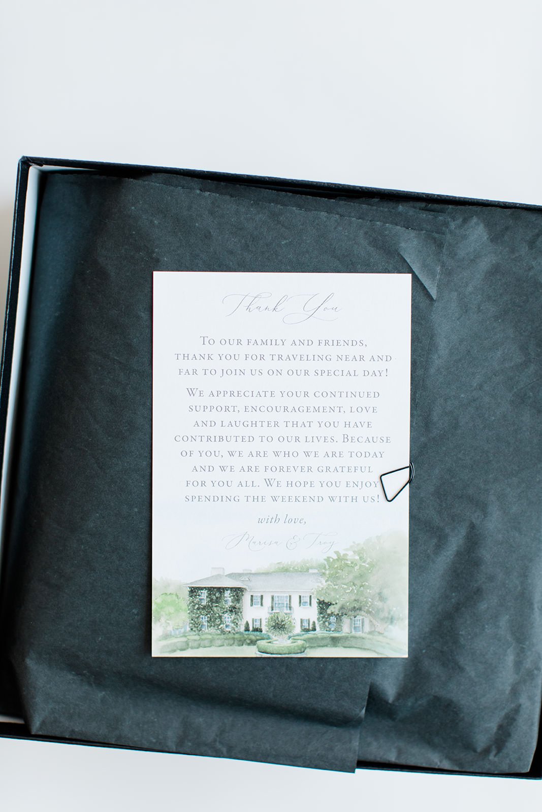 thank you note on wedding guest welcome box