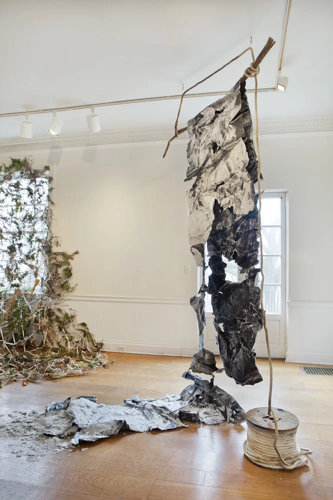 "The Tide," 2015, black paper, salt crystals, found rope and branch, 11 x 3 x 5 feet, Image Courtesy of Daniel Kukla