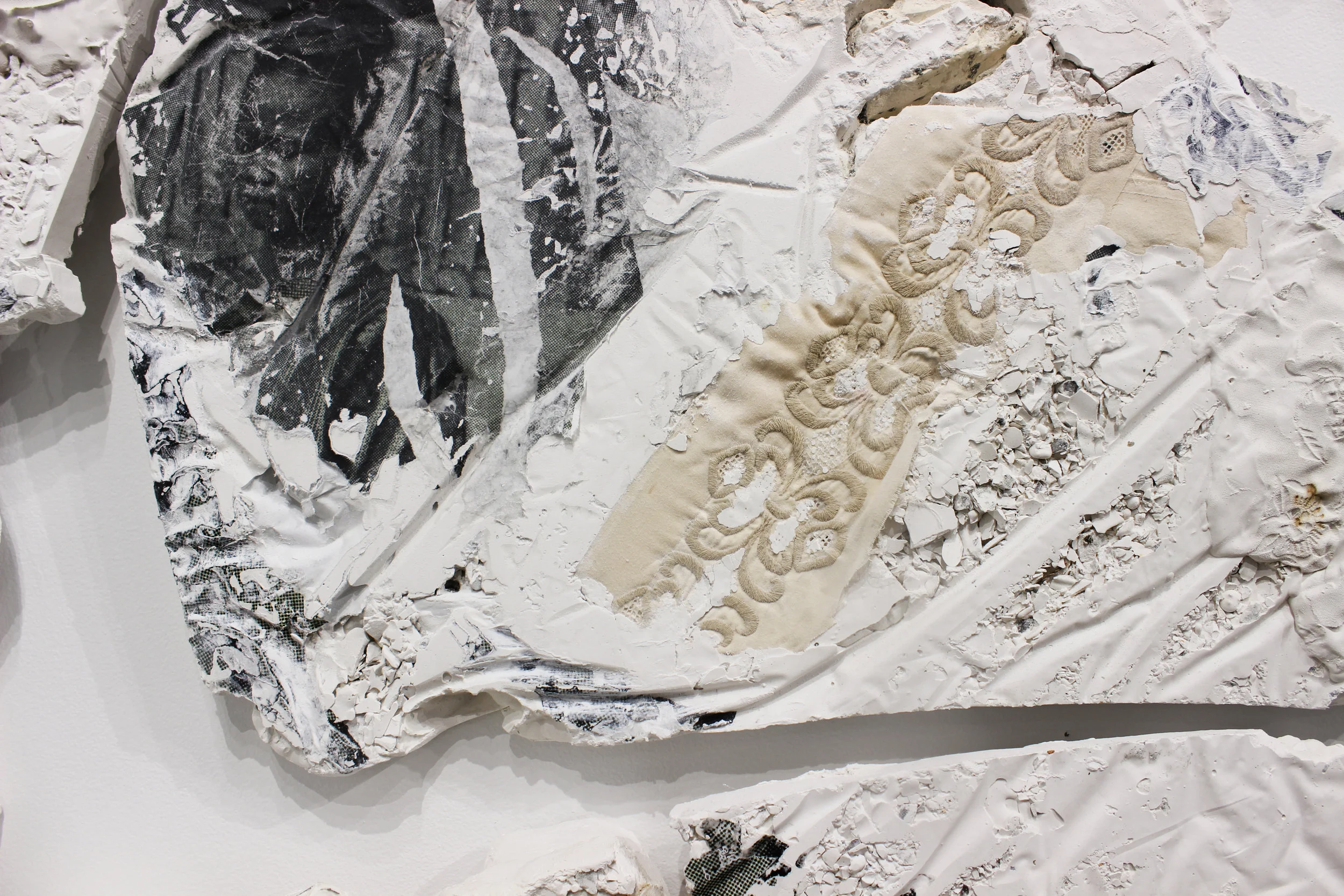 "Strata," (Detail) 2016, plaster, mixed media, 62 x 85 inches