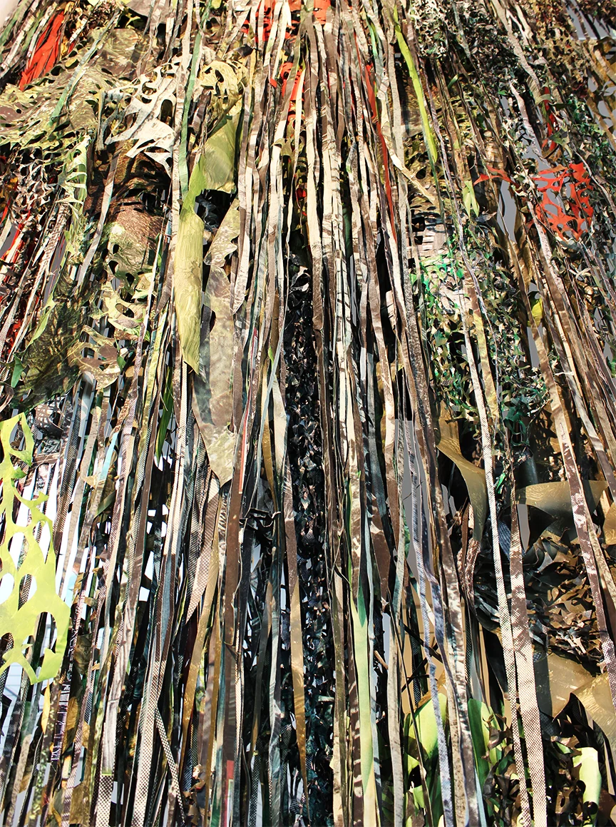"Nostalgic Fatigue," 2017, Cut, dyed and painted colonial photographs of the Philippines (late 19th/early 20th century), 17 x 6 x 1 feet
