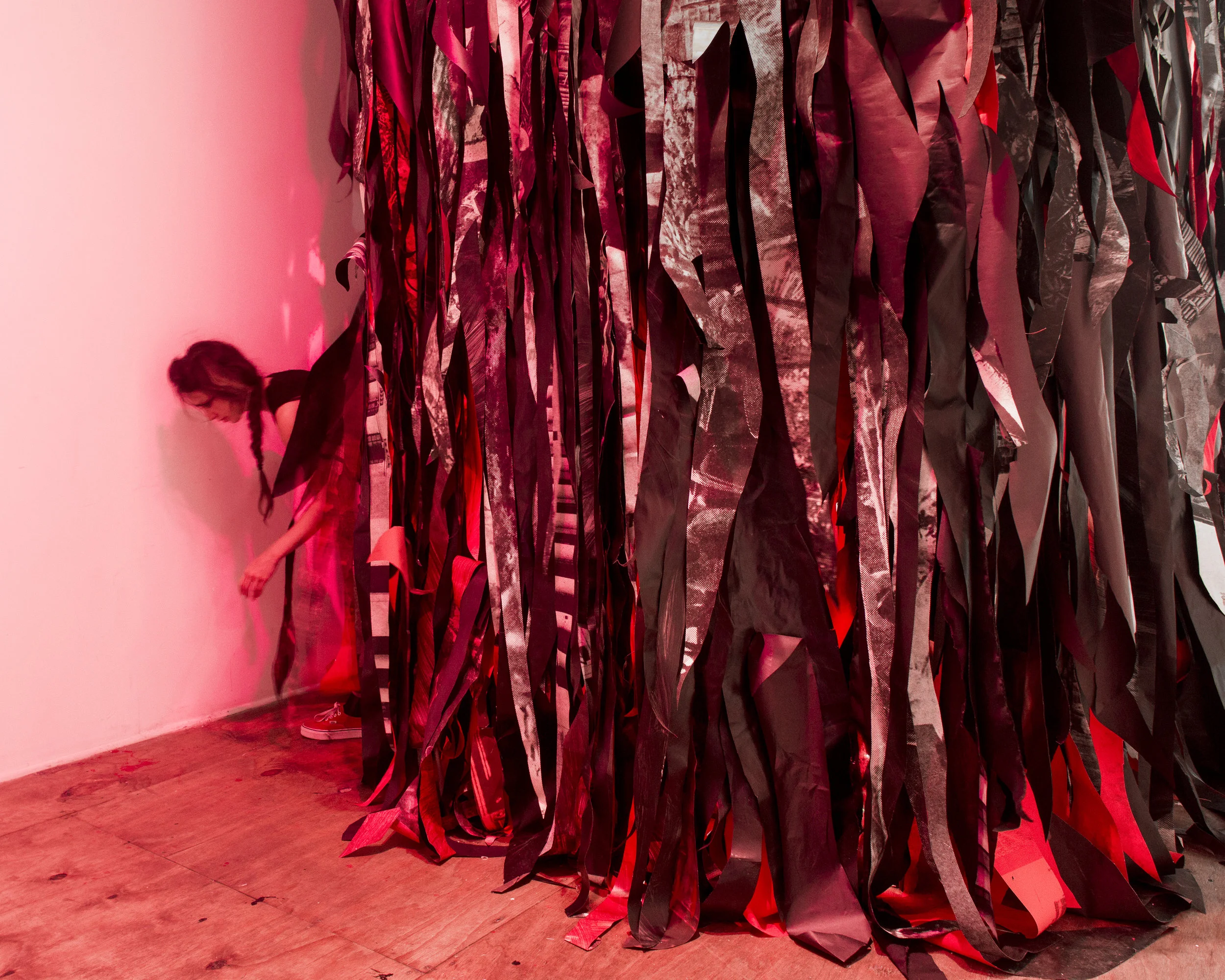 "Itinerant Maladies," 2018, Inkjet prints of colonial photos, paint, led lights, 11 x 11 x 7 feet 7 inches