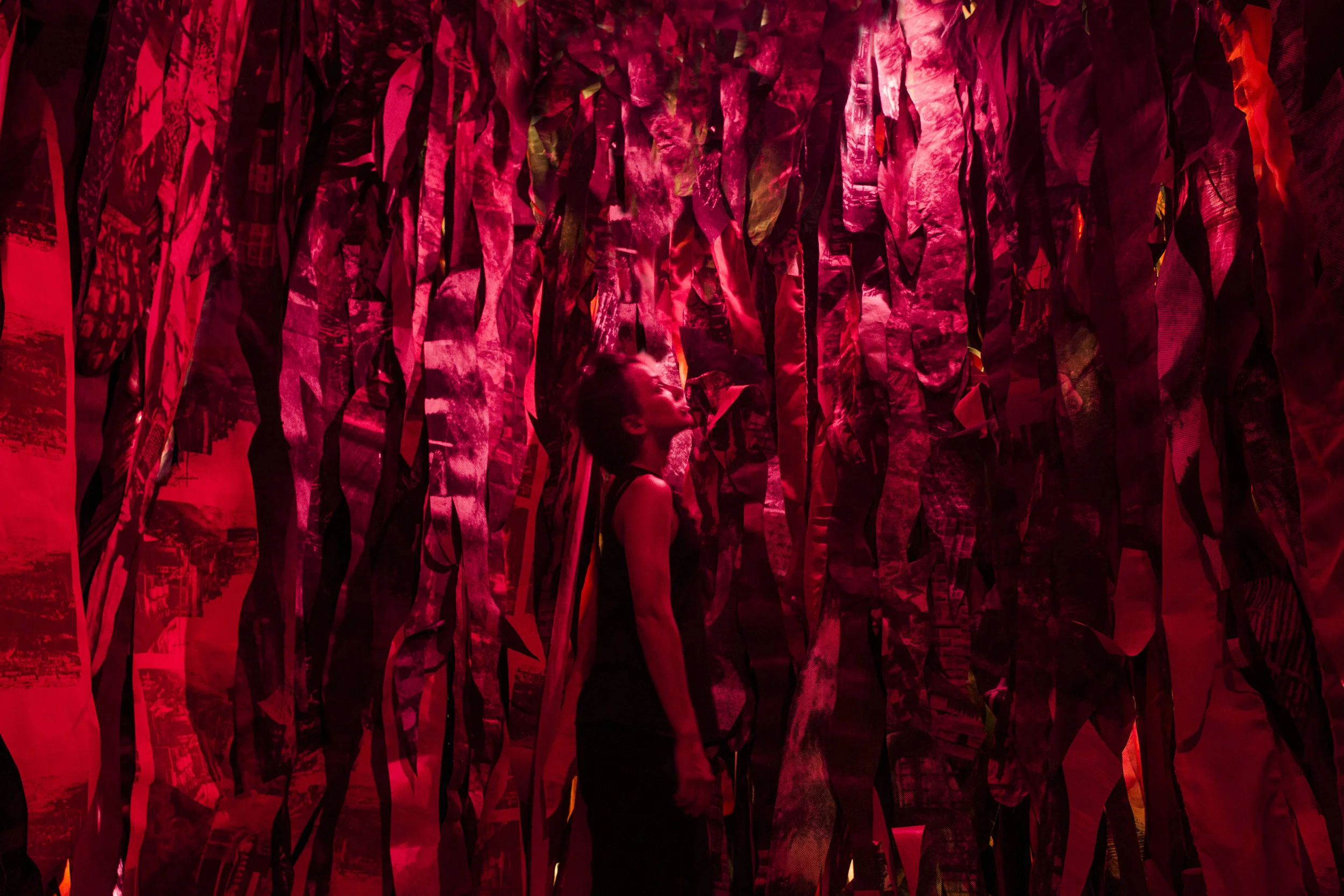 "Itinerant Maladies," 2018, Inkjet prints of colonial photos, paint, led lights, 11 x 11 x 7 feet 7 inches