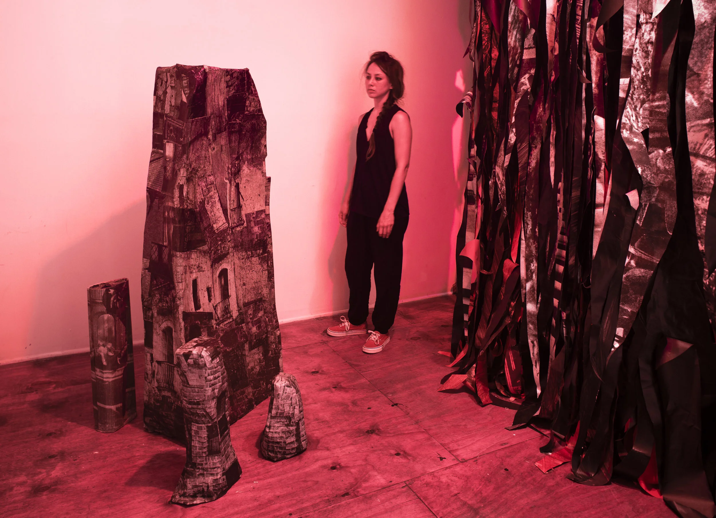 "Itinerant Maladies," 2018, Inkjet prints of colonial photos, paint, led lights, 11 x 11 x 7 feet 7 inches and "Buttress" (series), 2017-ongoing, Papier-mâché, dimensions variable