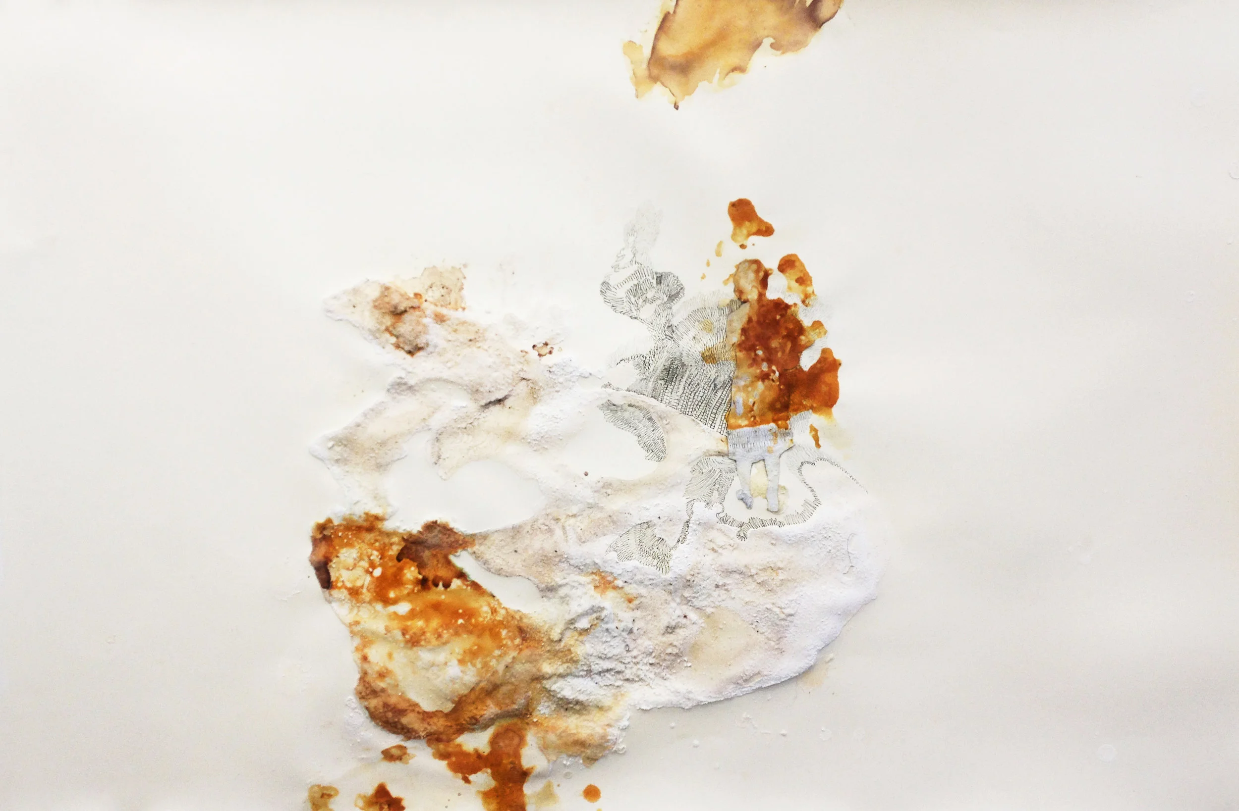 "The Stain of Remembrance 2," 2013, Salt, Rust, pencil, photo transfer, 29 x 43 inches (framed)