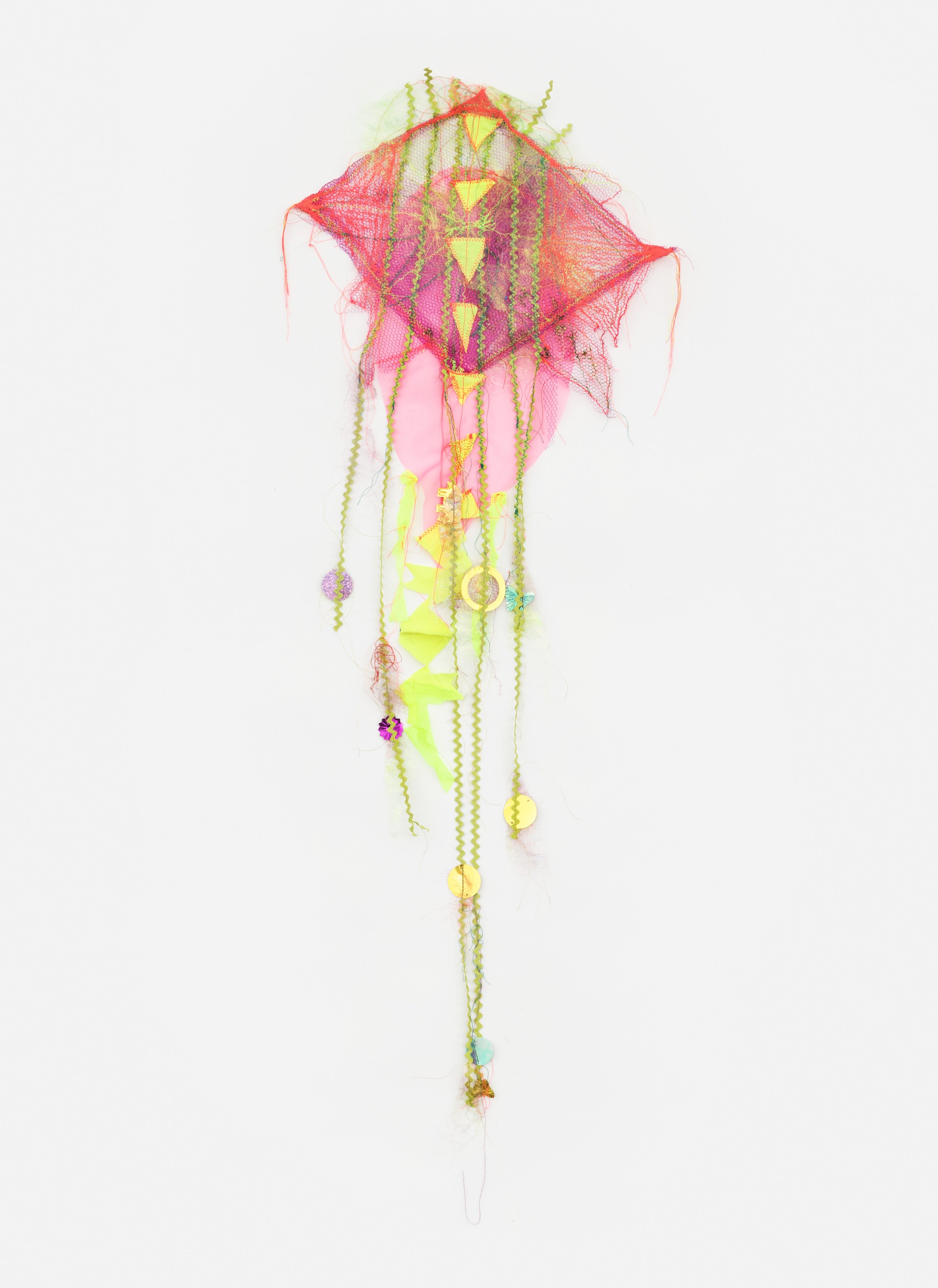 "constellation (clearing)," 2023
, thread, fabric, beads, clasps, gold leaf
, 40 x 15 in