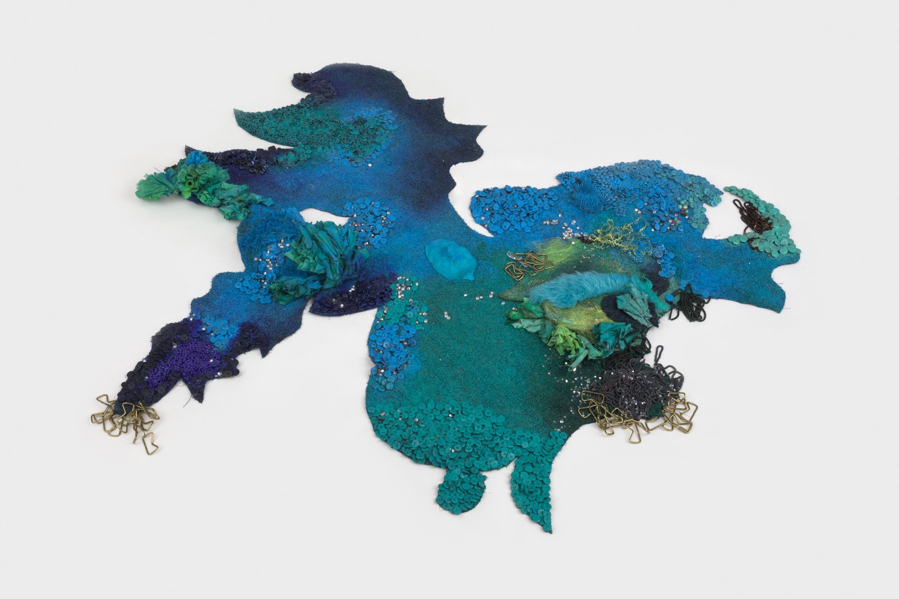 “rain from breaths (1),” 2023, astroturf, paint, resin, sequins, trim, beads, buttons
79 x 68 x 6 1/2 in