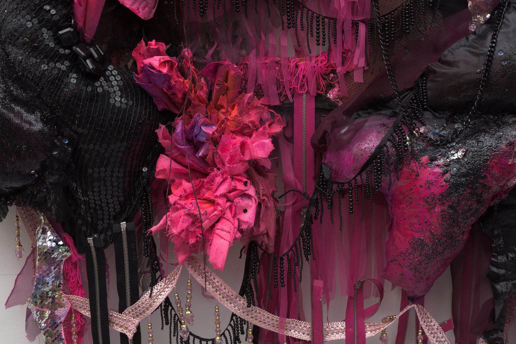"dreamed from sounds (2)," 2023,
textiles, resin, buttons, sequins, trim, zippers
82 x 52 x 12 in
(detail)