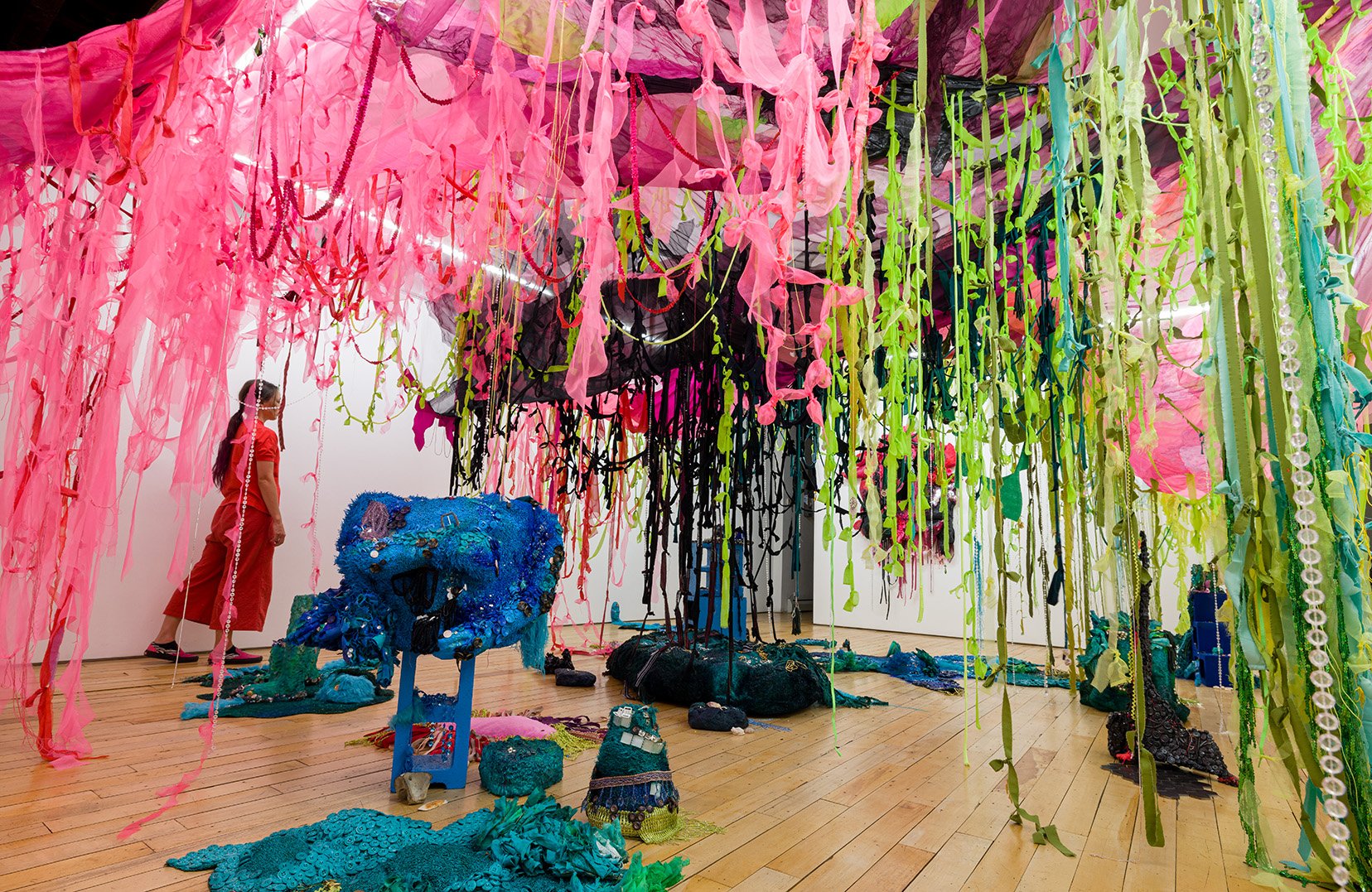 "the rain from dreams or from breaths," 2023, , Fabric, astroturf, paint, cement, plaster, beads, wood, sequins, trim, buttons, paint, resin, hair, 25 x 21 x 10 feet of total installation (variable); Photos by Eitienne Fossard and Rachel Uffner Gall