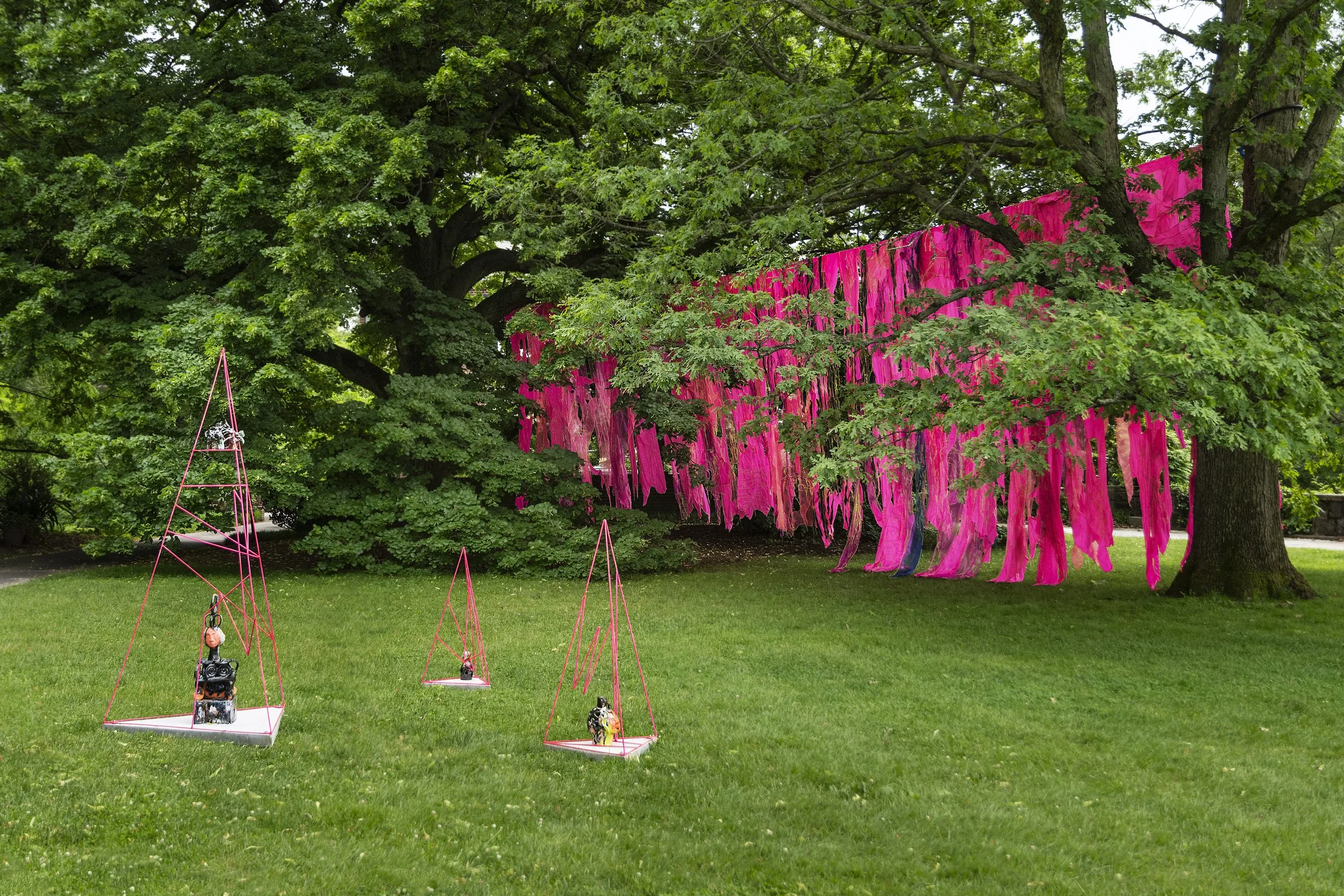 “Folding Field,” 2025, Textiles, steel, ceramics, concrete, wood, paint, Total Installation extends about 10 acres, highest point is 15 feet, Photos by Maya Ciarocchi and Stephan Hagan. (Scroll down for description)