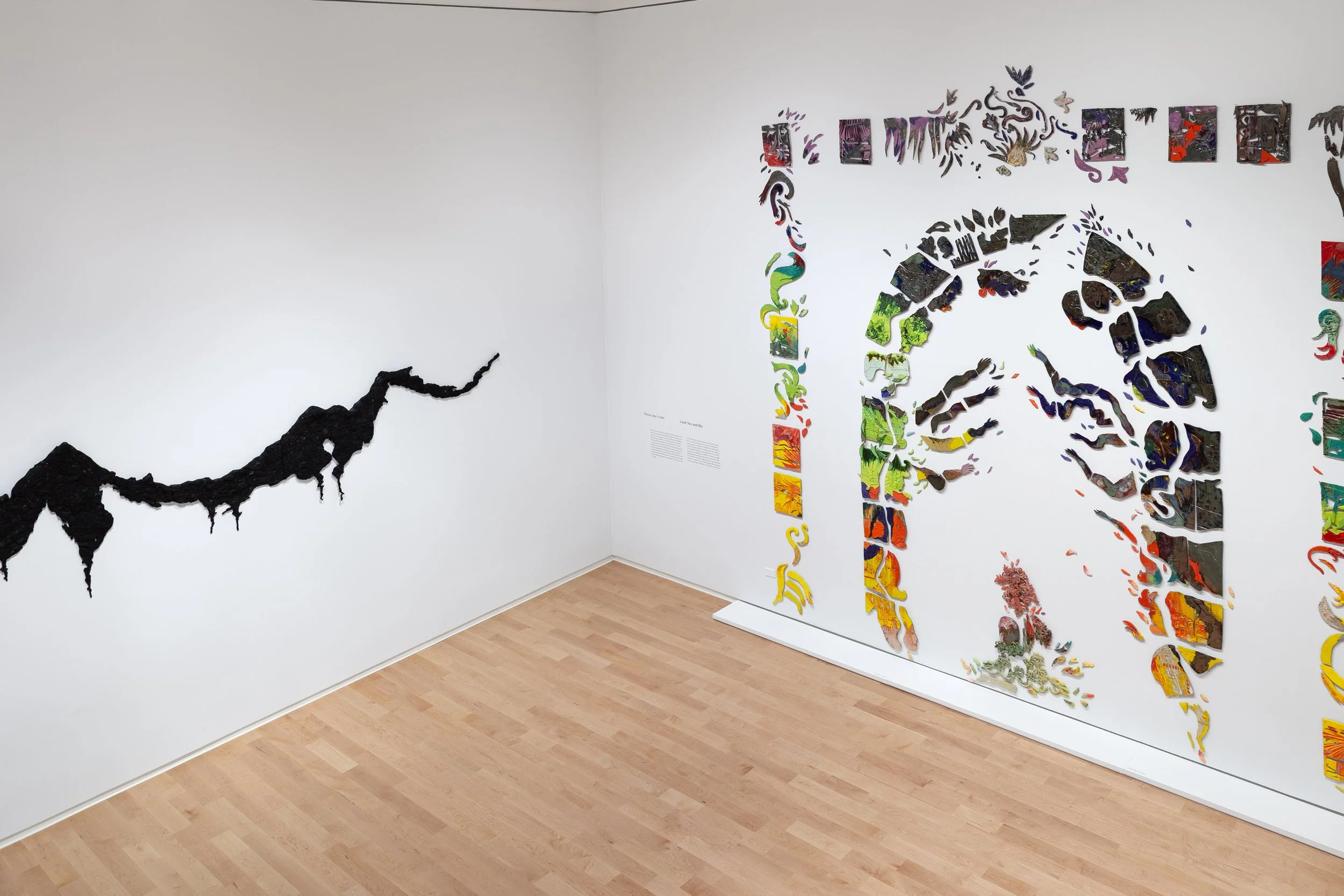  Installation view of Imagining an Archipelago, with the sea breathing us in and out (2026) at right, Colby College Museum of Art, Waterville, Maine. 