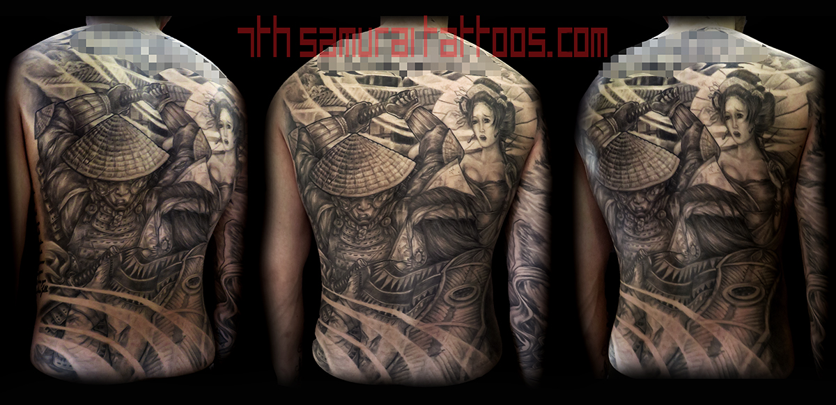 Samurai fighting Filipino warrior Lapu Lapu with Geisha and temple. Kai 7th  samurai men's backpiece — 7th Samurai Tattoos