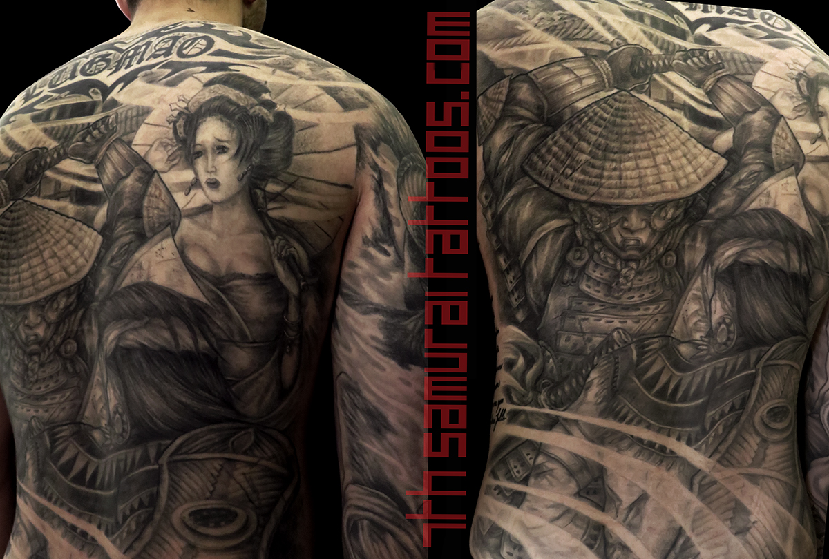 Samurai fighting Filipino warrior Lapu Lapu with Geisha and temple. Kai 7th  samurai men's backpiece — 7th Samurai Tattoos