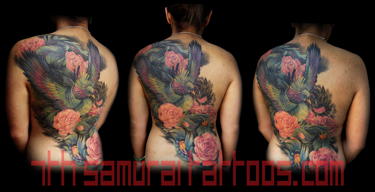 Phoenix with Peonies and script lettering. Kai 7th Samurai woman's color back piece tattoo